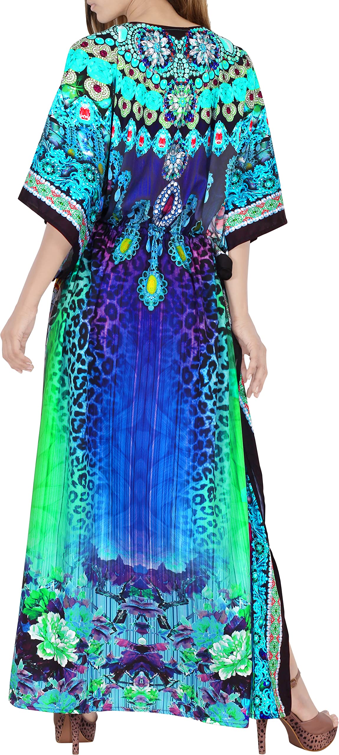 LA LEELA Women's Plus Size Maxi Caftan Dress with Long Slit - Flowy Boho Beach Cover Up, Sky Animal Print - Perfect for Vacation, Pool Party & Summer Outfits