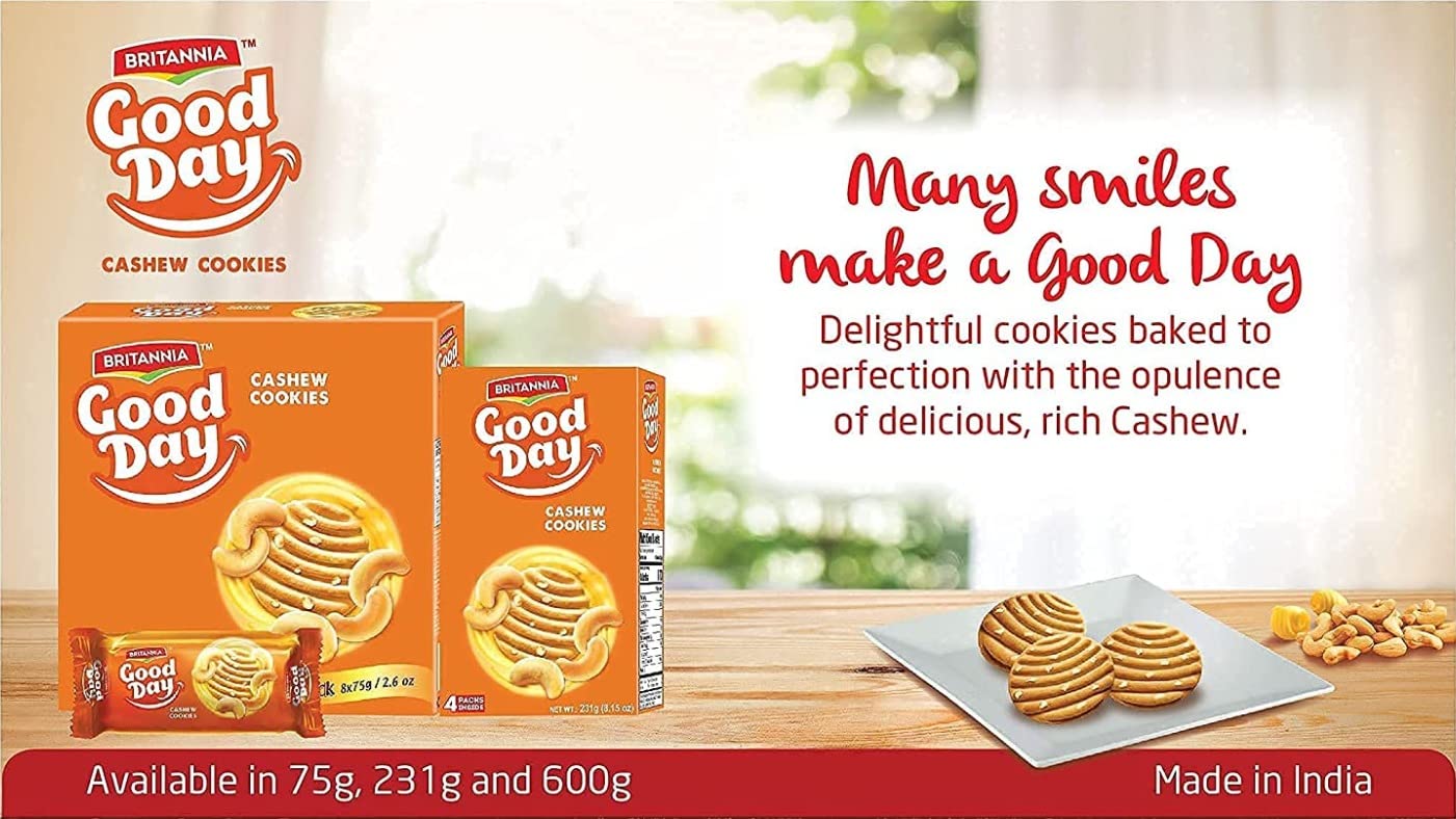 Britannia Good Day Cashew Cookies 8.15oz (231g) - Crunchy Butter Cookies with Cashew Nuts - Family Pack Breakfast Snacks, Tea Time Treats & Office Snacks - Delicious Grocery Cookies (Pack of 1)