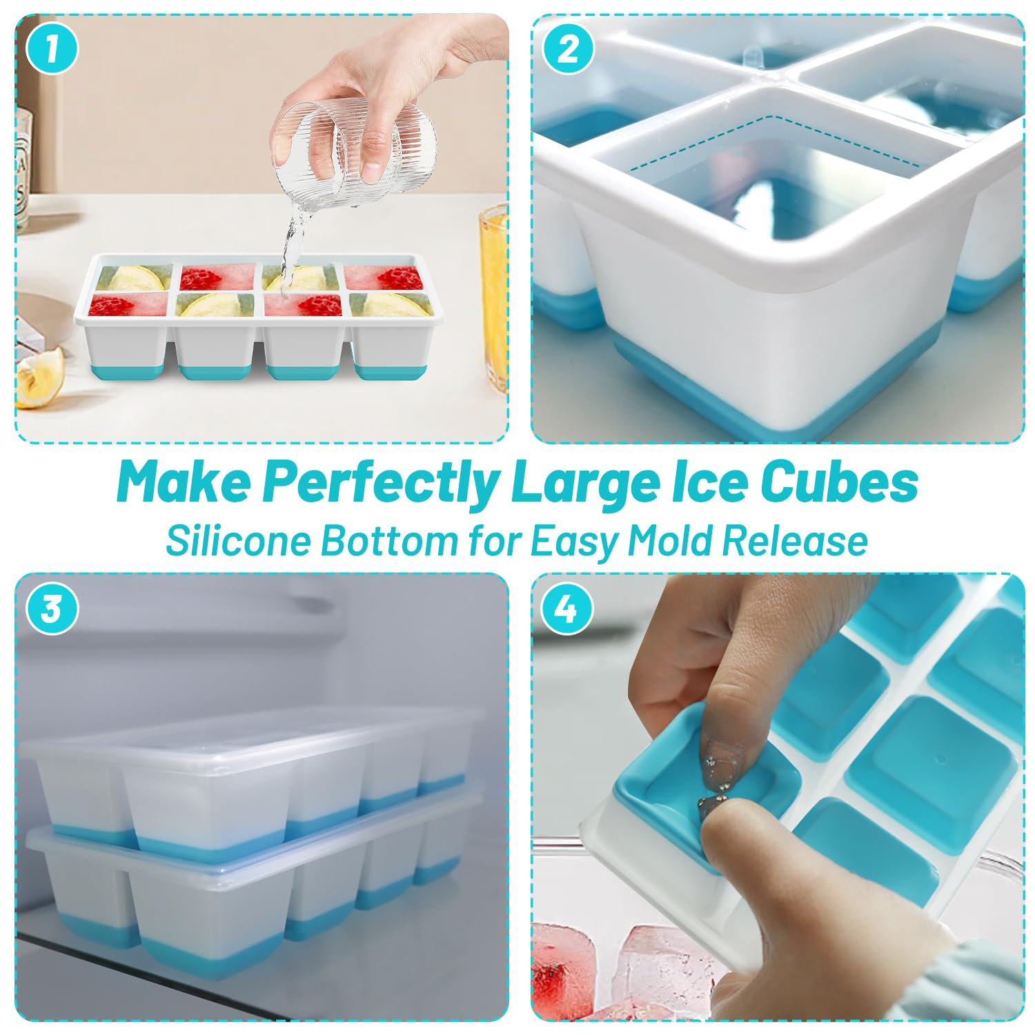 VEHHE 2 Pack Large Reusable Ice Cube Trays with Lids - Easy Release Silicone Ice Cube Molds for Whiskey, Cocktails & Drinks - Perfect for Home Bars, Parties & Summer Beverages