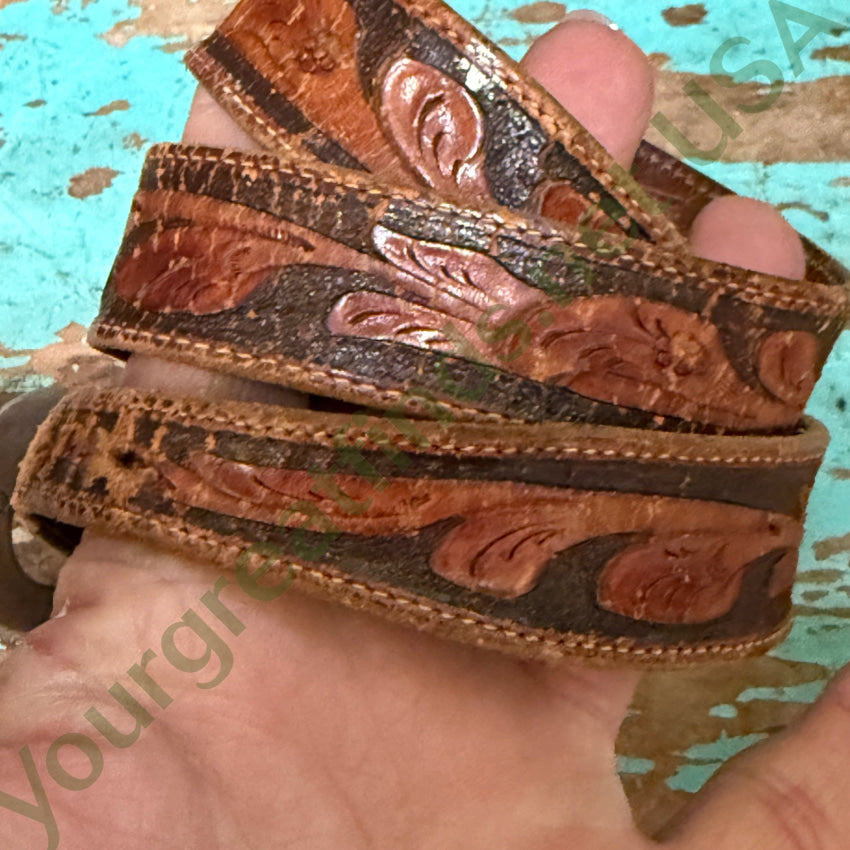 Vintage 4-Piece Sterling Silver McCabe Ranger Buckle Set on Stelzig Saddlery Belt - Western Style Accessory for Cowboy Boots, Jeans & Rodeo Outfits
