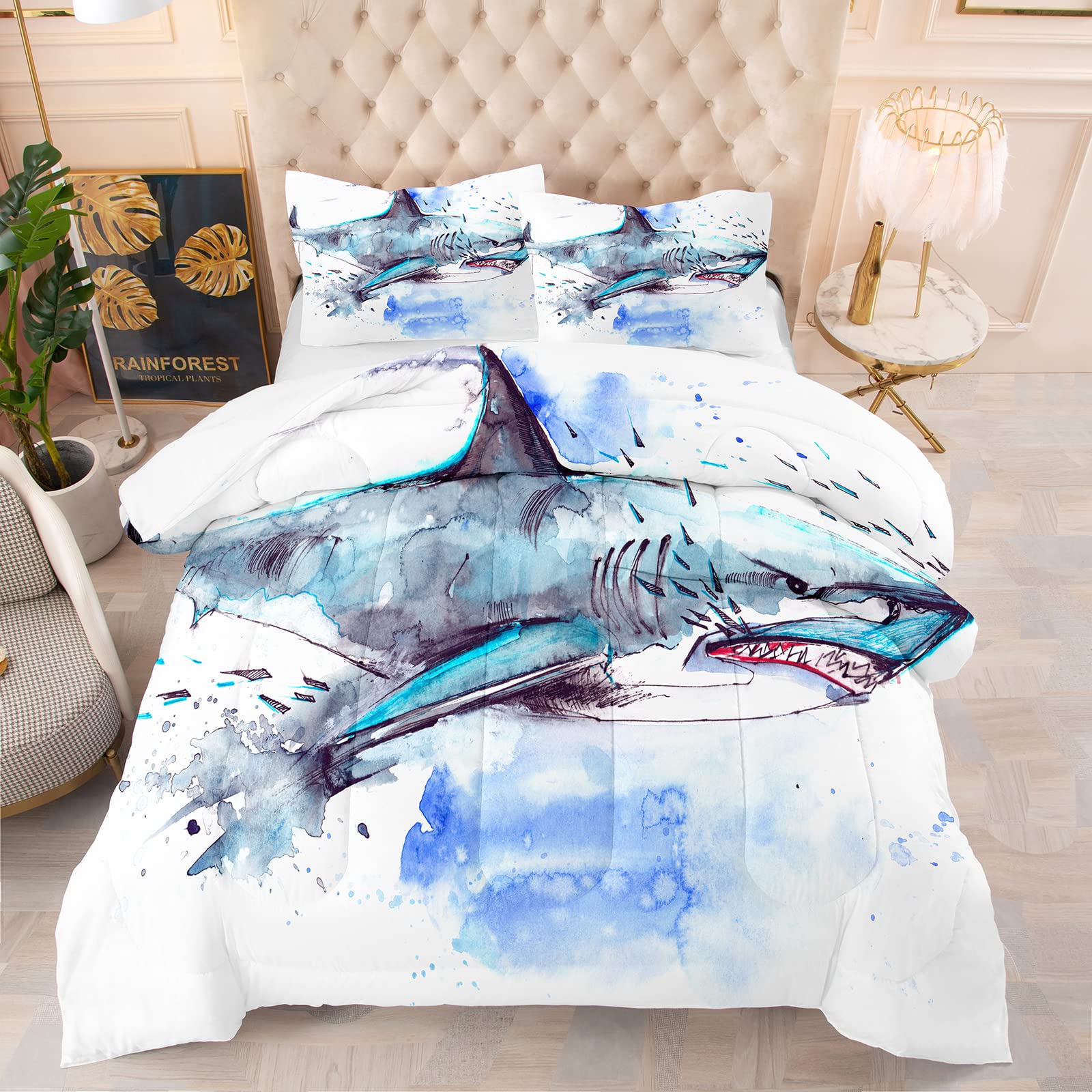 **NINENINE Boys Shark Comforter Set - Blue and White Twin Size, Soft Microfiber Bedding with 1 Comforter & 1 Pillowcase - Easy Care Kids Bed Set for Shark-Themed Bedrooms & Sleepovers**
