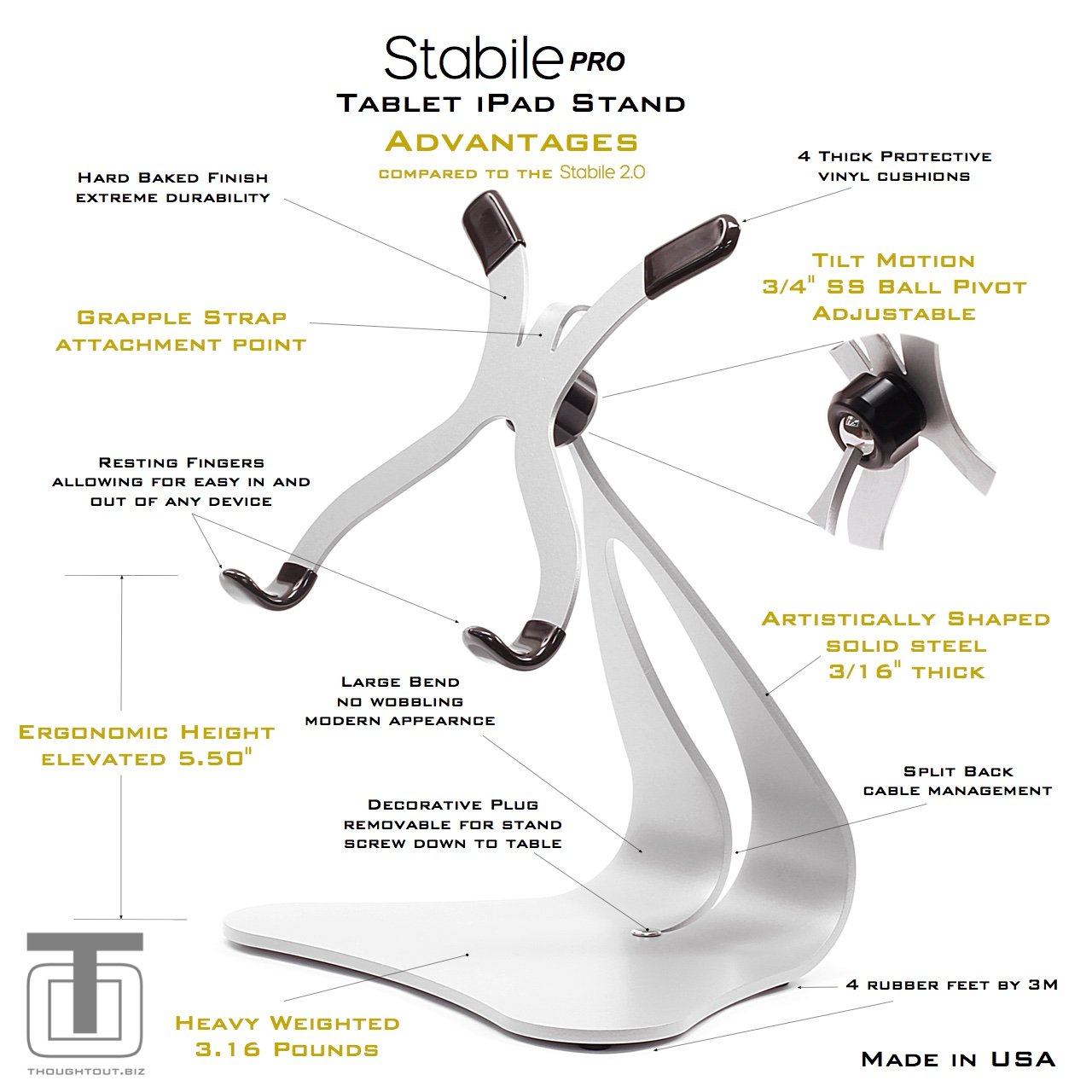 Thought Out Stabile Pro Pivoting iPad Stand - Adjustable White Tablet Holder for Apple iPad (1st-10th Gen) - Premium USA-Made - Perfect for Work, Study & Home Entertainment