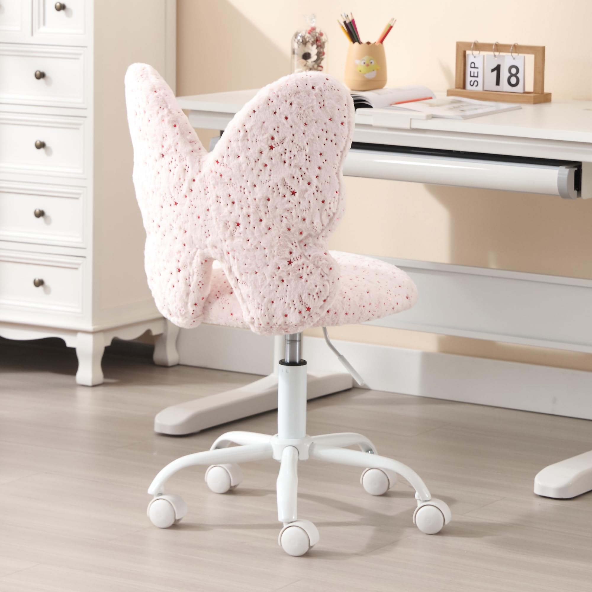 Kmax Adjustable Kids Desk Chair with Wheels - Soft Faux Fur Butterfly Swivel Chair for Children, Pink | Perfect for Bedroom, Study Room & Home Office Use