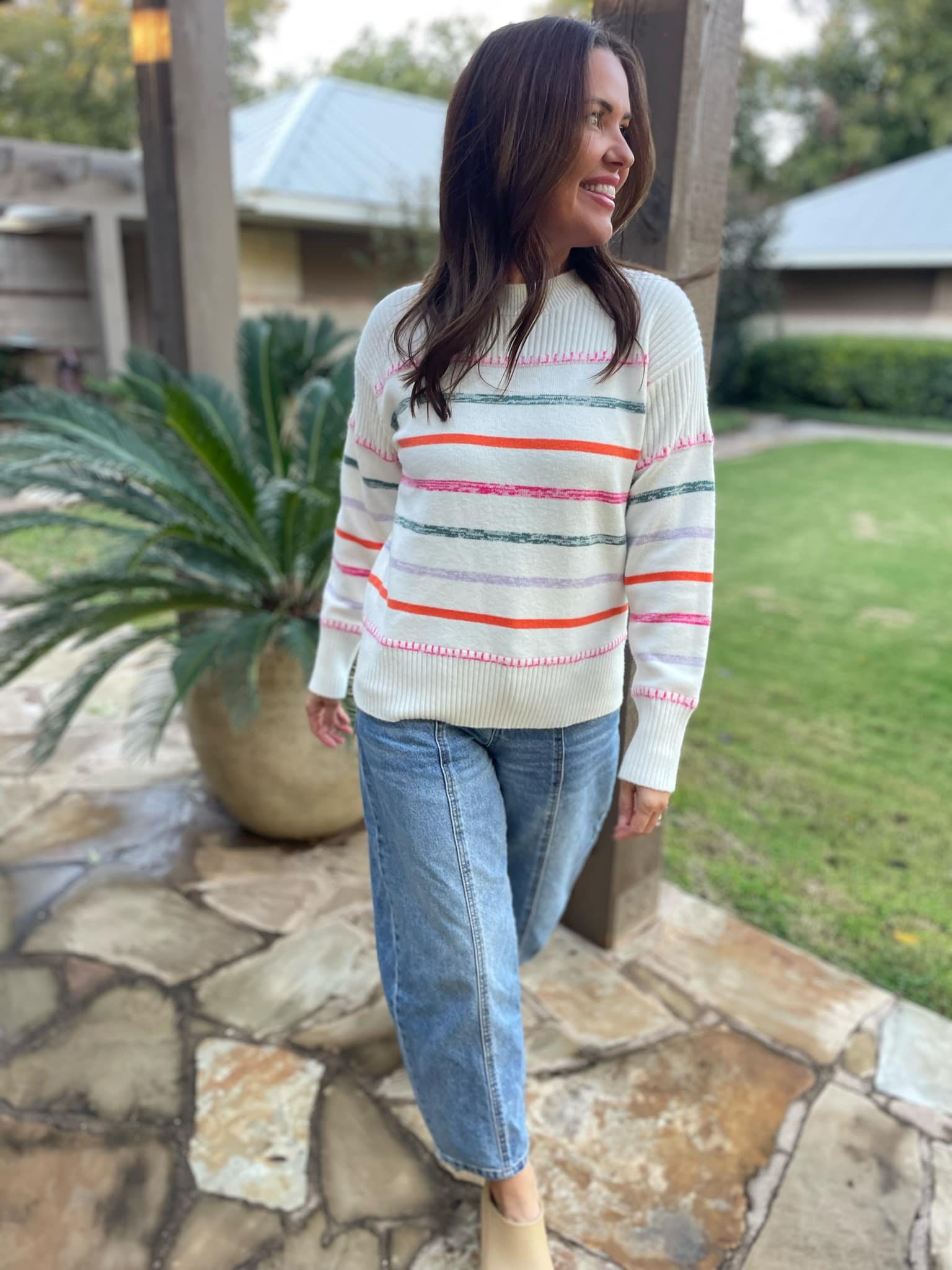 PREORDER: Striped Sweater for Women - Soft & Cozy Pullover in 2 Colors (Happy & Navy) - Perfect for Casual Outfits, Fall Layering & Holiday Gatherings