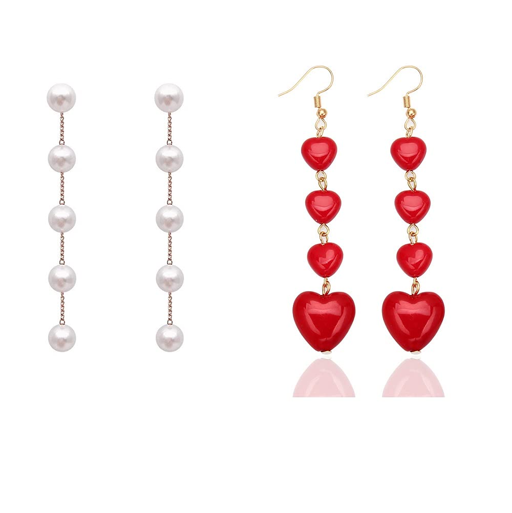 2 Pairs Valentine's Day Handmade Red Heart Pearl Dangle Earrings for Women - Lightweight Love Drop Earrings, Romantic Birthday Gifts Jewelry for Her - Perfect for Date Nights, Anniversaries & Special Occasions
