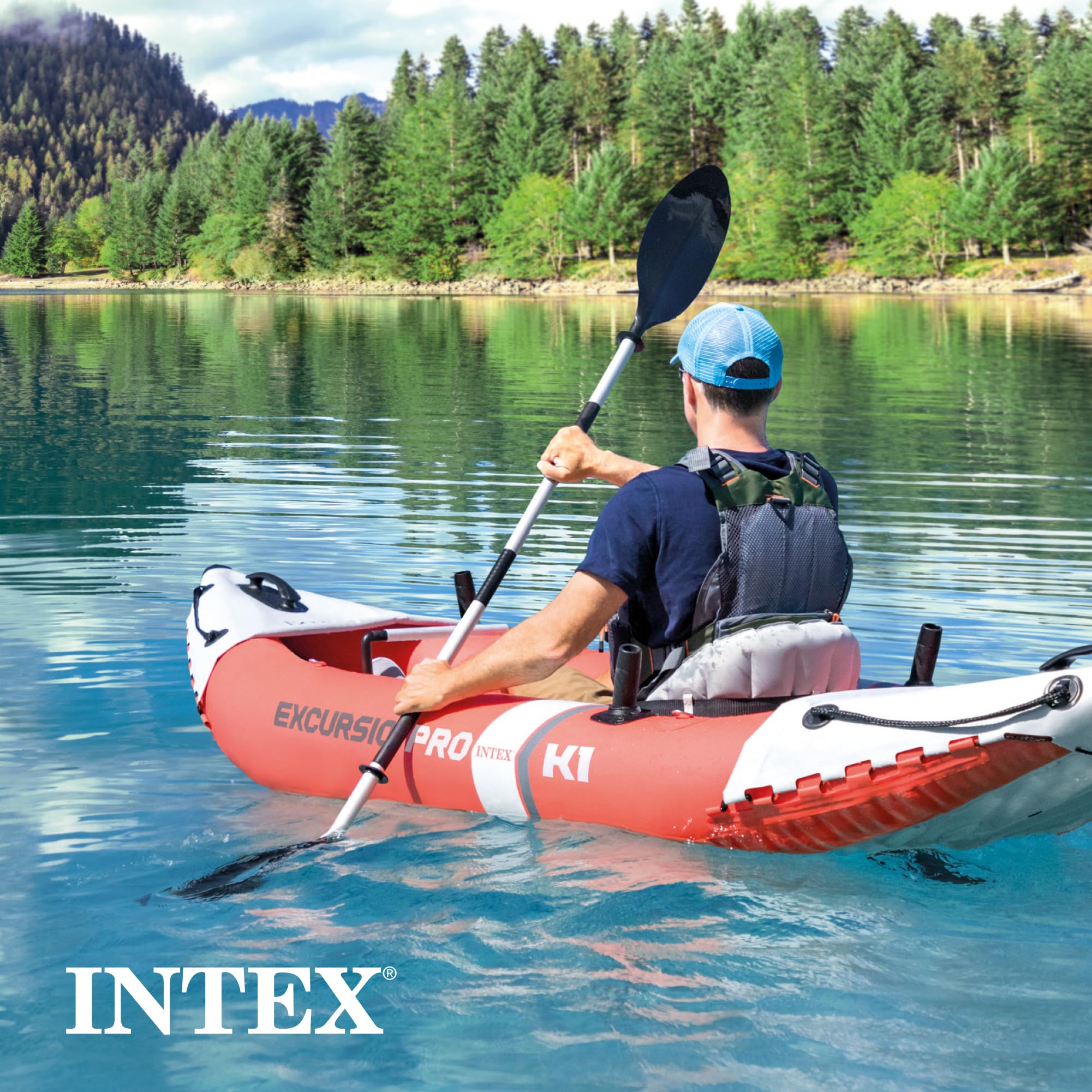 **INTEX 68303EP Excursion Pro K1 Inflatable Kayak Set – 1-Person Kayak with Deluxe 86in Paddles & High-Output Pump – SuperTough PVC Material – Adjustable Bucket Seat – 220lb Capacity – Perfect for Lakes, Rivers & Outdoor Adventures**