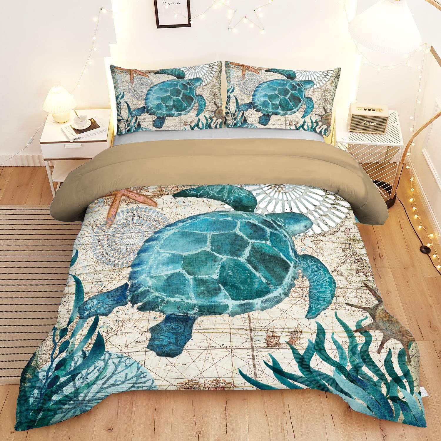 MUSOLEI Ocean Themed Comforter Set - Soft Sea Turtle Printed Bedding for Teen Boys & Girls - Turquoise Mediterranean Style Quilt Set - Twin Size - Perfect for Kids' Bedrooms, Beach Themed Decor & Cozy Sleep