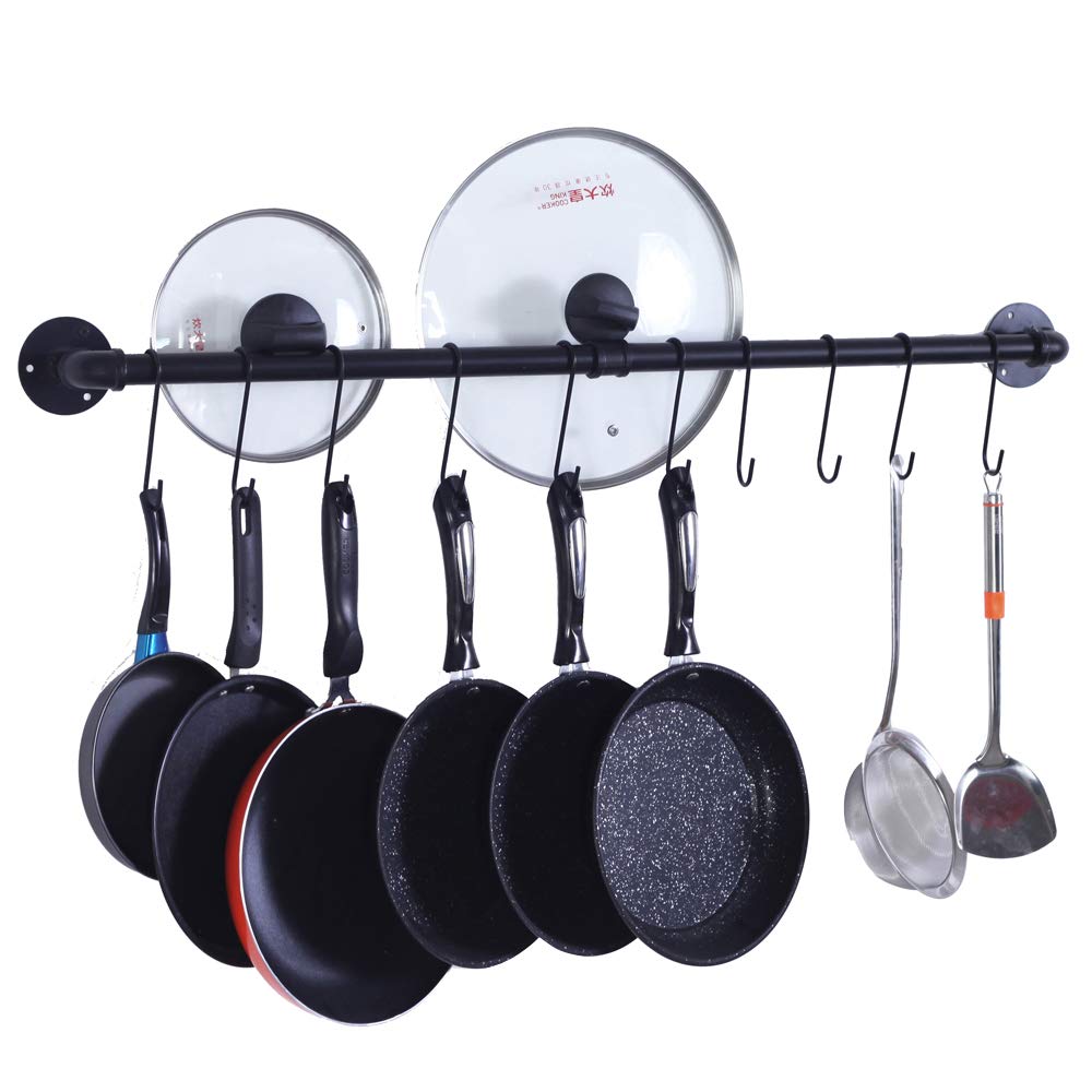 Wall Mounted Pot and Pan Rack with 14 S Hooks - Detachable Kitchen Utensil Hanger for Pots, Pans & Lids - Space Saving Black Organizer for Small Kitchens, RVs & Camping