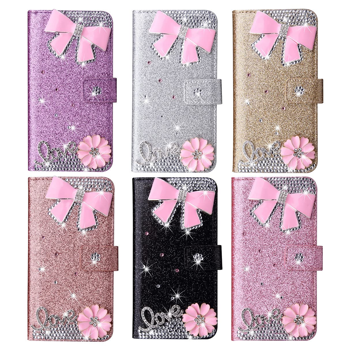 Luxury Glitter Pink Bow Diamond Wallet Case for iPhone 13 Pro Max 6.7 Inch - Flip Cover with Card Slot for Women & Girls (Black) | Perfect for Parties, Shopping & Everyday Use