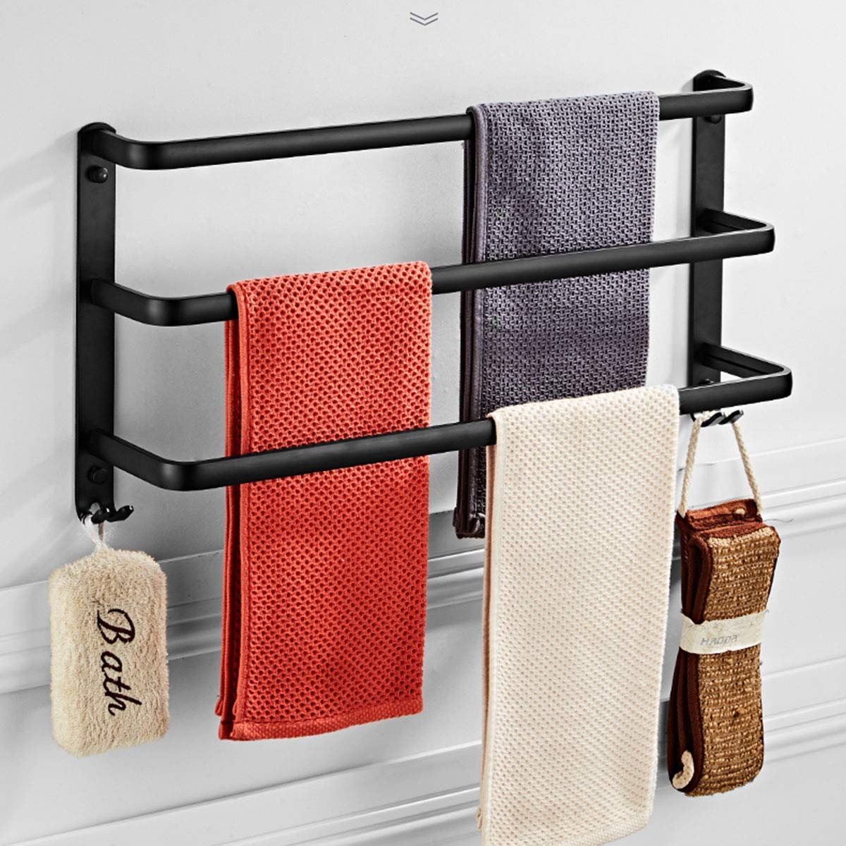MRDAER Wall Mounted Towel Rack Holder - 50cm Aluminum Bathroom Towel Rail with Hooks, Self-Adhesive & Space Saving Design for Kitchen, Bathroom, Toilet - Perfect for Small Spaces & Home Organization