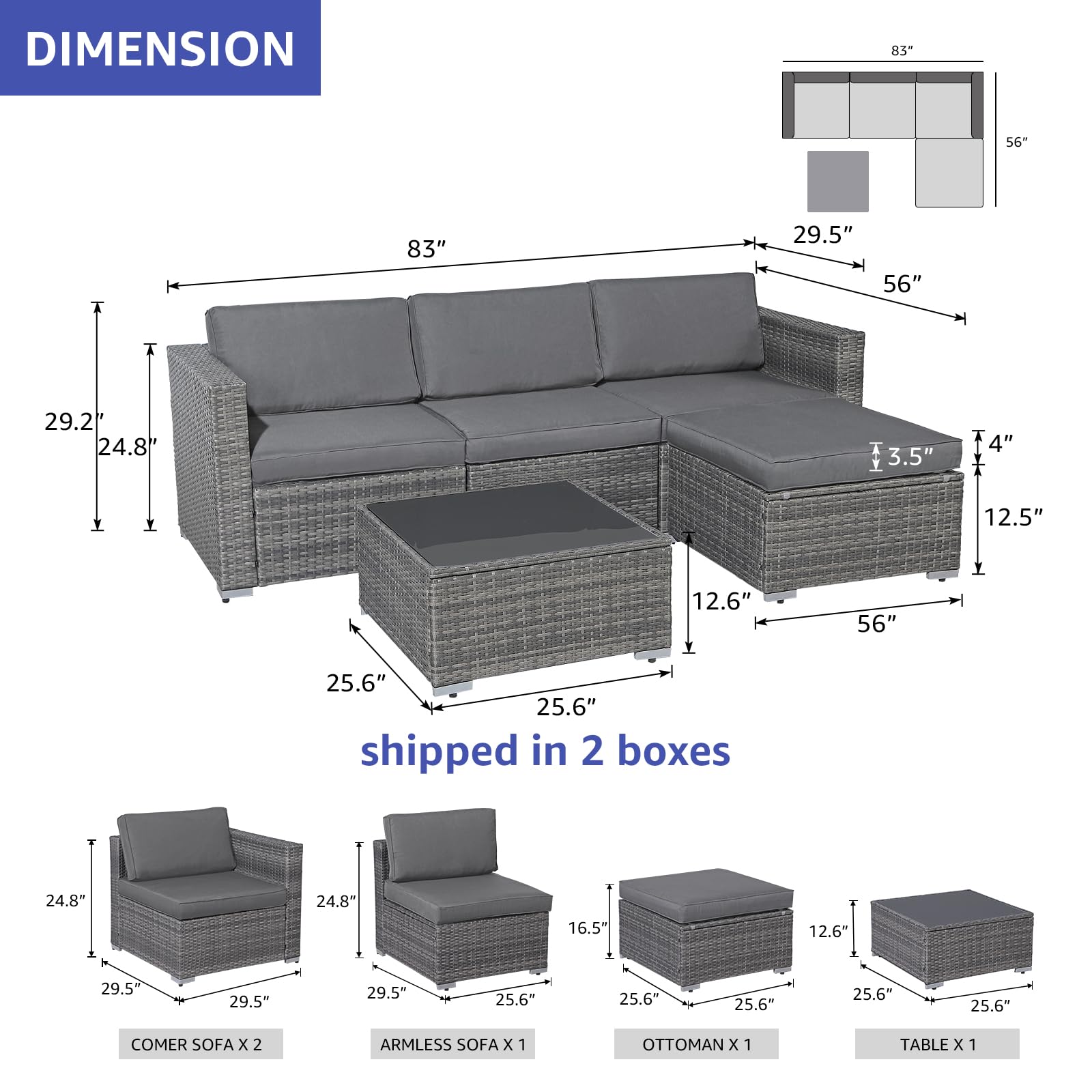 Patiorama 5-Piece Outdoor Patio Furniture Set - All-Weather Grey PE Wicker Sectional with Dark Grey Cushions - Perfect for Backyard, Porch, Garden, Poolside & Balcony - Durable Outdoor Conversation Set for Relaxing & Entertaining