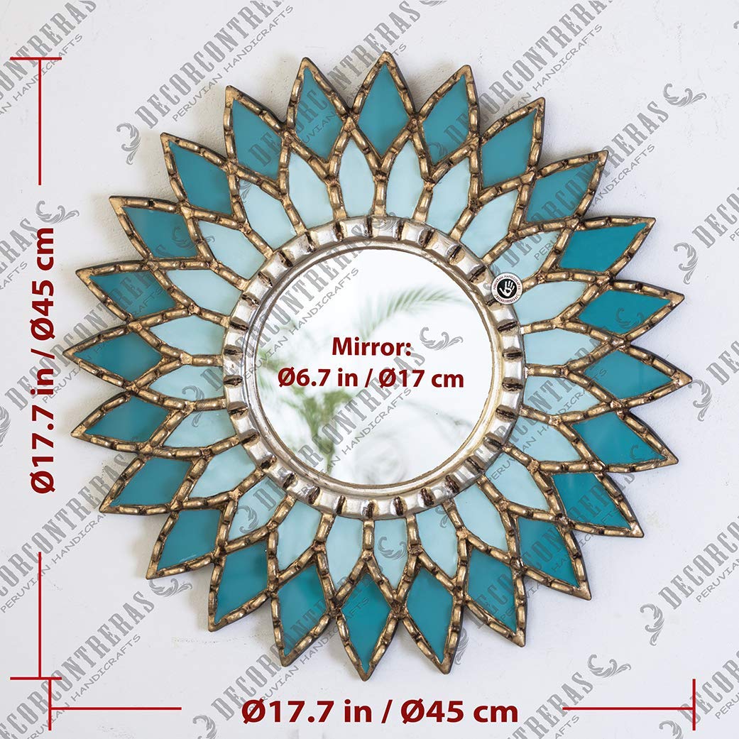 Handmade Turquoise Round Hanging Mirror - Boho Wall Decor with Peruvian Mandala Design for Living Room, Bedroom & Entryway | Unique Home Accent & Wall Art Gift Idea