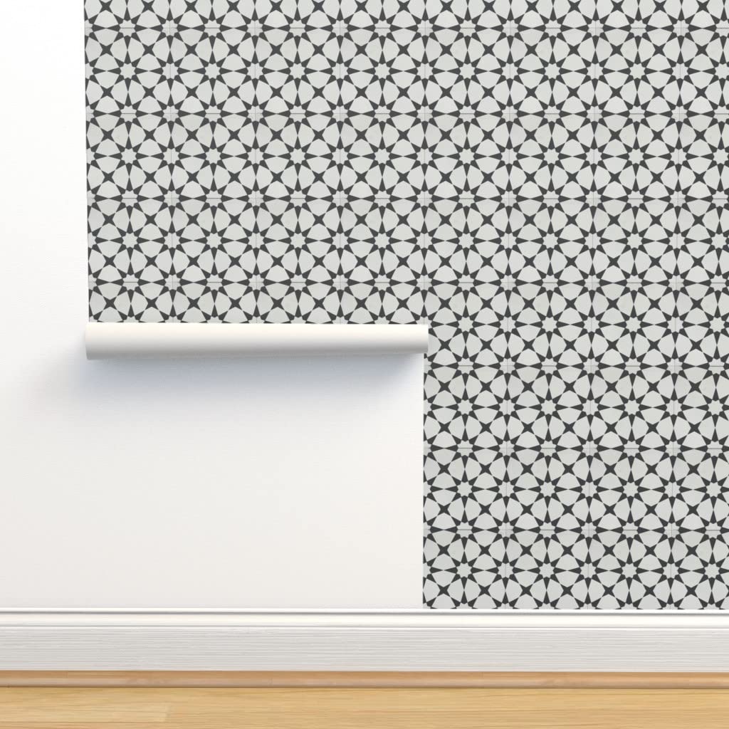 Removable Wallpaper Swatch - Black Gray Star Moroccan Tiles Geometric Spanish Tile Design | Pre-Pasted Peel & Stick Wallpaper by Spoonflower | Perfect for Nursery, Bedroom, or Home Office Decor