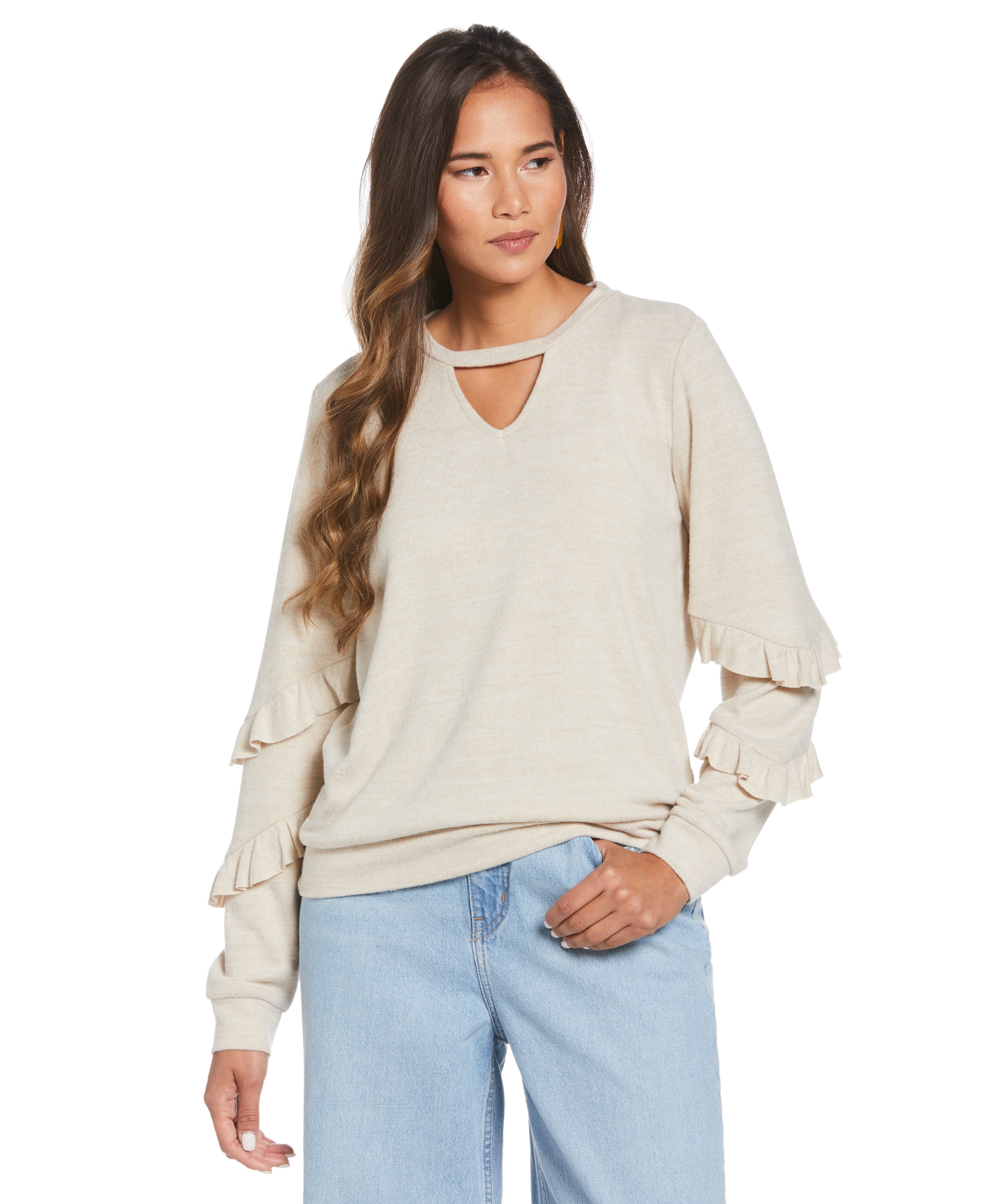 Stylish Knit Cutout Ruffle Sleeve Women's Top - Trendy Casual Blouse for Spring Summer Outfits, Date Night & Office Wear