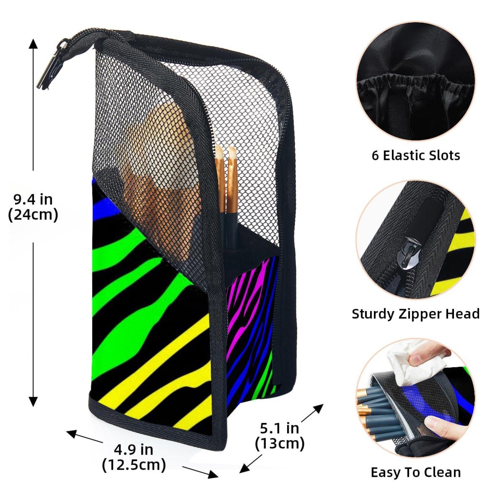 12-Piece Makeup Brush Organizer Bag with Rainbow Zebra Print - Portable Cosmetic Brush Holder Case for Travel & Home Storage