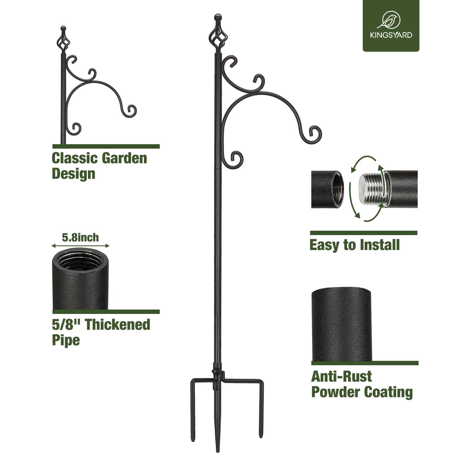 Kingsyard 76 Inch Adjustable Outdoor Shepherds Hook - Heavy Duty Bird Feeder Pole for Hanging Plants, Lanterns & Solar Lights - Perfect for Garden Decor, Wedding & Patio Decoration (Black)