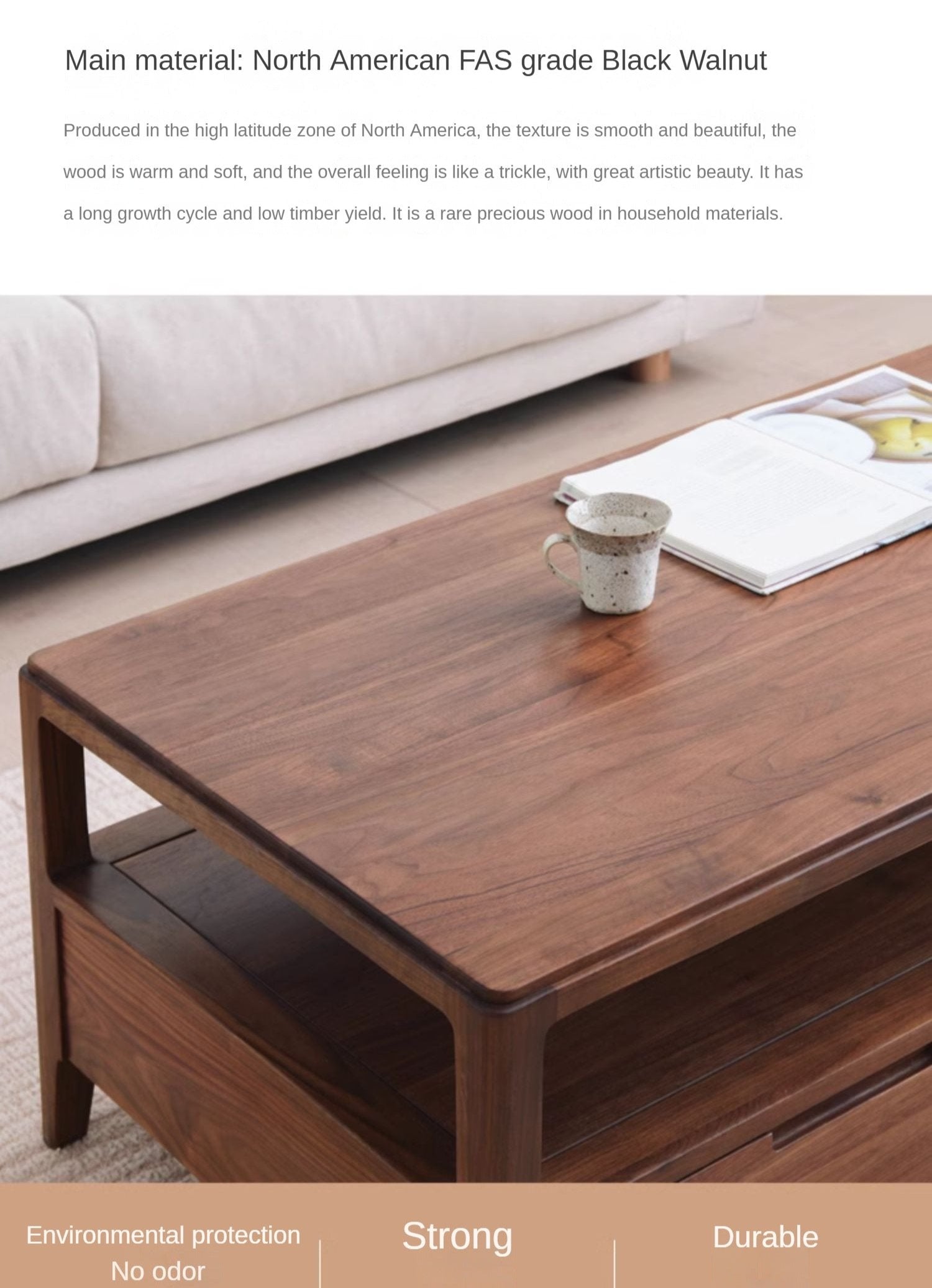 Solid Black Walnut Wood Coffee Table with 4 Drawers - Rustic Modern Living Room Furniture for Home Decor