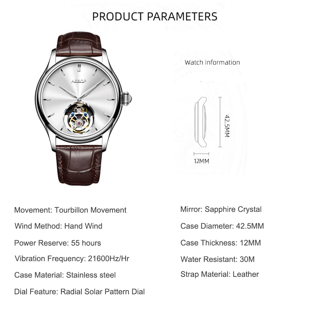 Luxury AESOP Tourbillon Mechanical Hand-Wind Watch for Men - Stainless Steel Skeleton Design, Sapphire Crystal, Waterproof - Perfect Dress & Business Timepiece - Ideal Gift for Him (Model 7040) | Formal Events, Office Wear, Special Occasions
