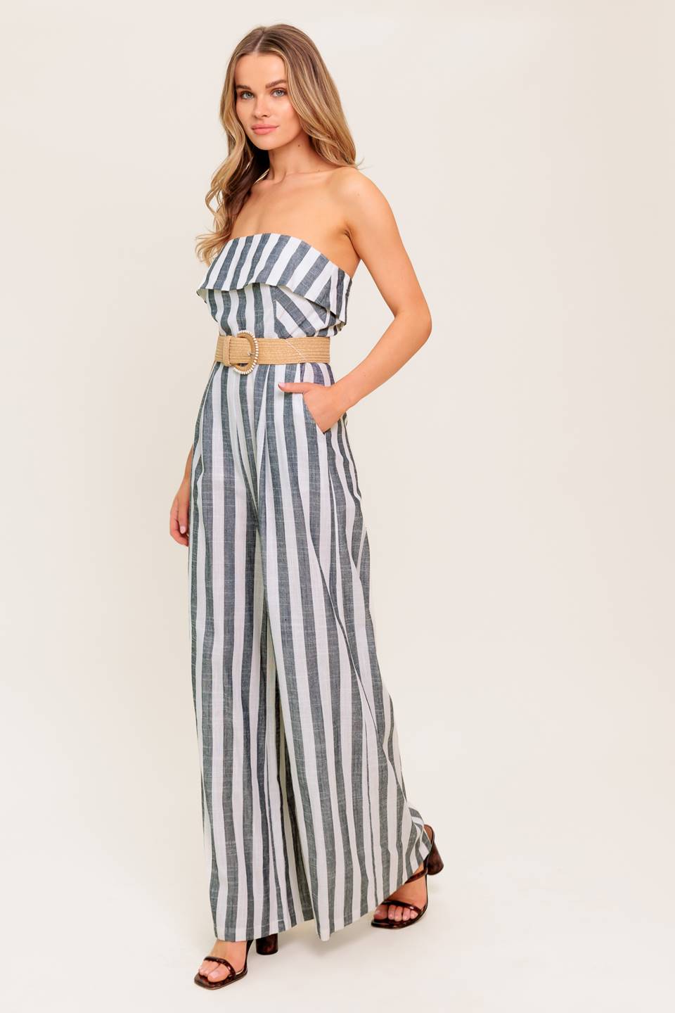 GREER Women's Strapless Jumpsuit - White & Charcoal Striped Romper for Summer, Beach, and Party Wear