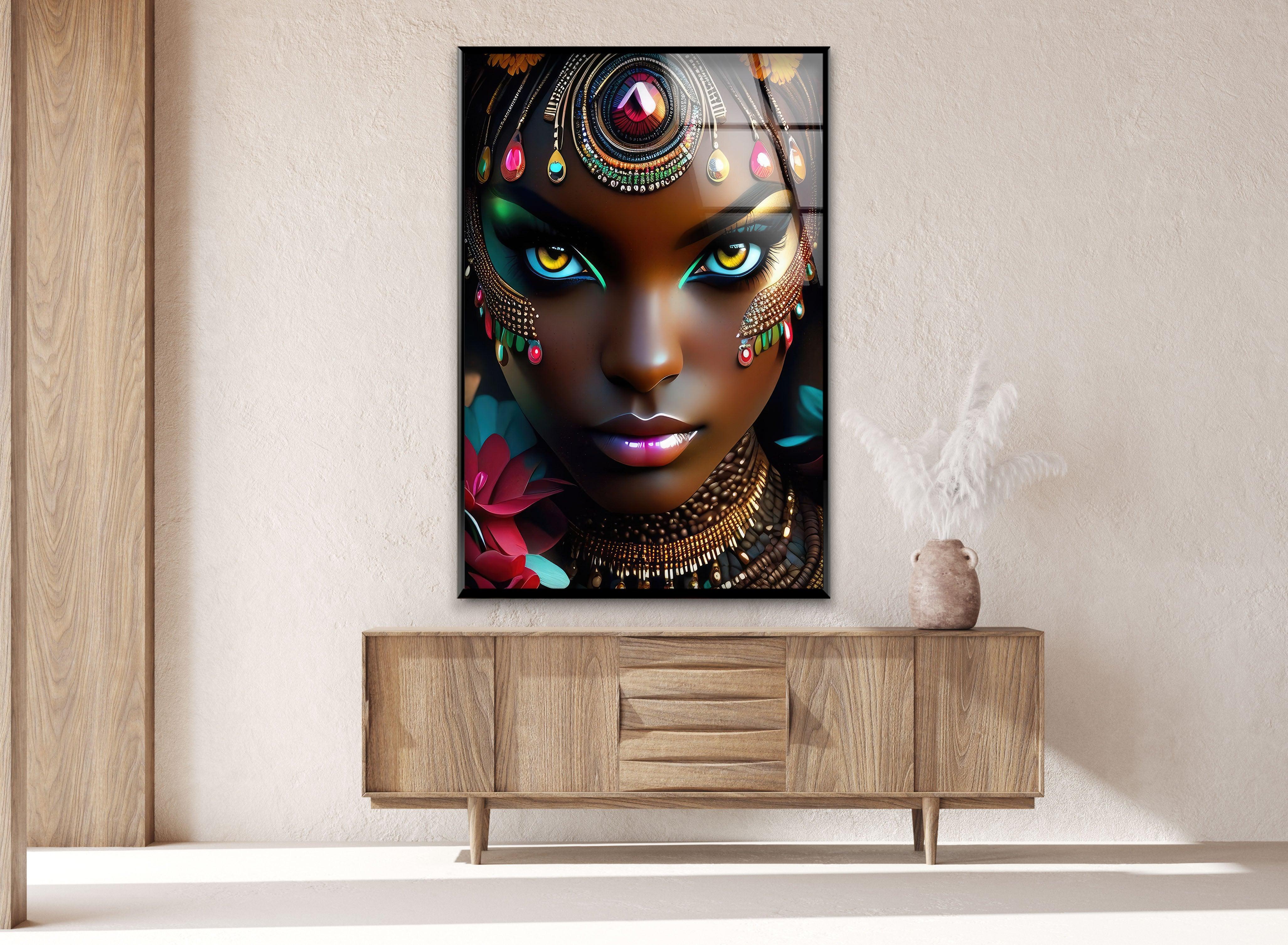 Vibrant African Woman Glass Wall Art - Handmade Modern Home Decor for Living Room, Bedroom & Office - Unique Gift Idea for Housewarming & Holidays