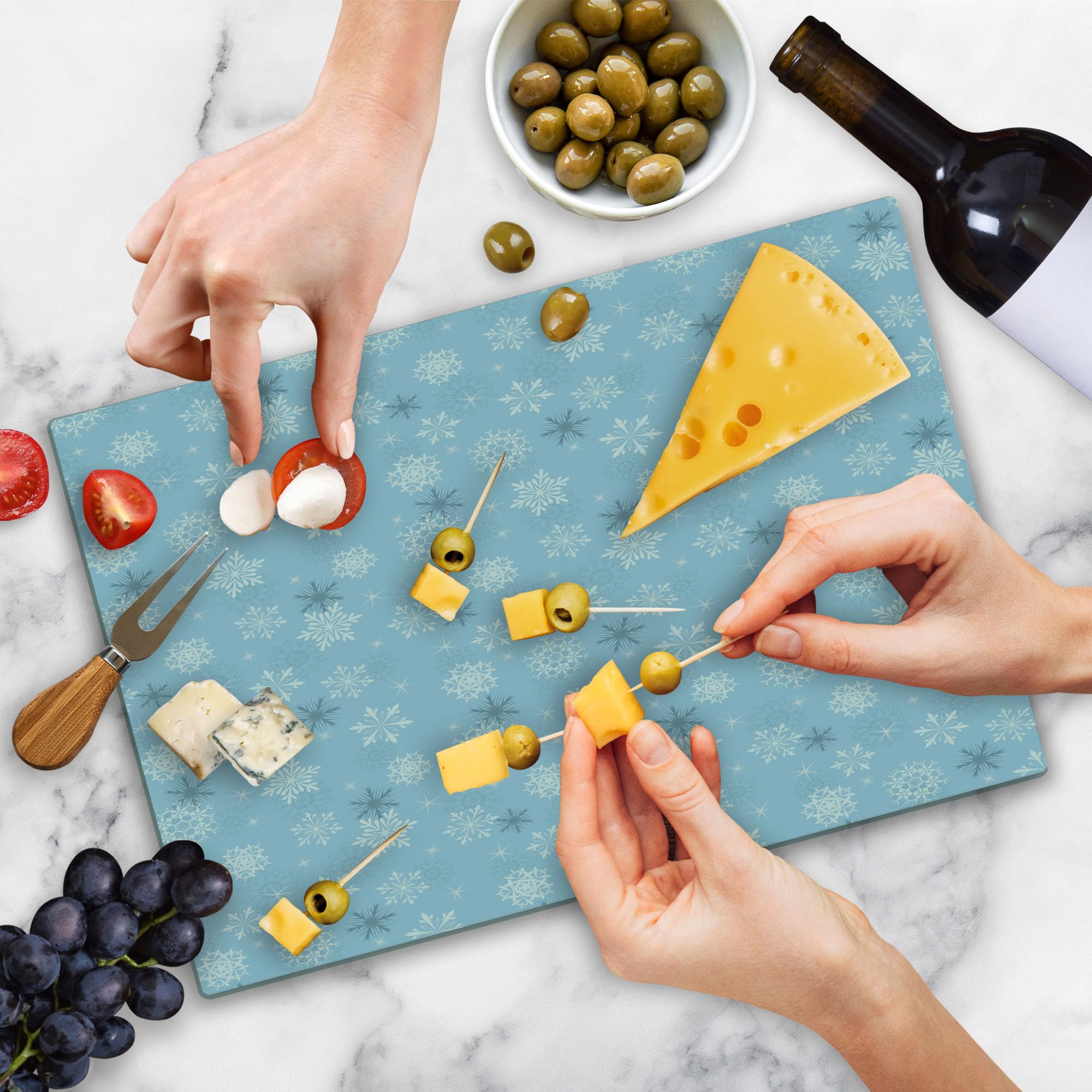 Ambesonne Winter Themed Tempered Glass Cutting Board - Large Decorative Serving Tray with Holiday Stars Design in Pale Blue, White & Grey | Perfect for Christmas Dinner, New Year's Eve Party & Winter Entertaining