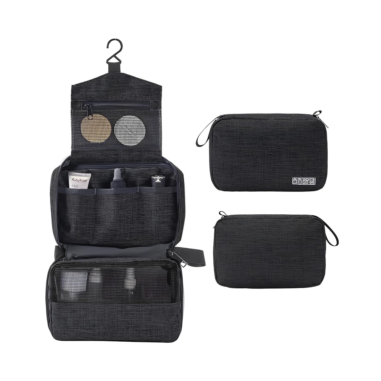 Travel Makeup Bag for Women - Small Cosmetic Organizer with 3 Compartments, Polyester Vanity Pouch for Makeup Brushes & Beauty Essentials (Black) - Perfect for Vacation, Gym & Daily Use