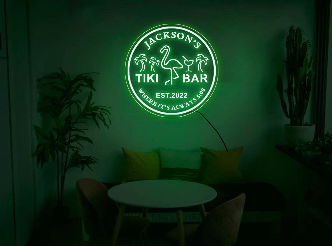 Custom Personalized Flamingo Bar Neon Sign - Tiki Themed Backyard & Patio Decor - Perfect for Tropical Parties, Luaus & Outdoor Entertaining