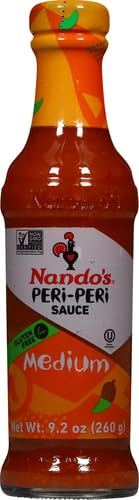 Nandos PERi PERi Medium Sauce - Spicy Hot Sauce for Wings, Fish, Meat, Rice & Vegetables - No Artificial Colors, Non-GMO, Gluten Free, Vegetarian - 9.2 Oz - Perfect for Grilling, BBQ & Meal Prep