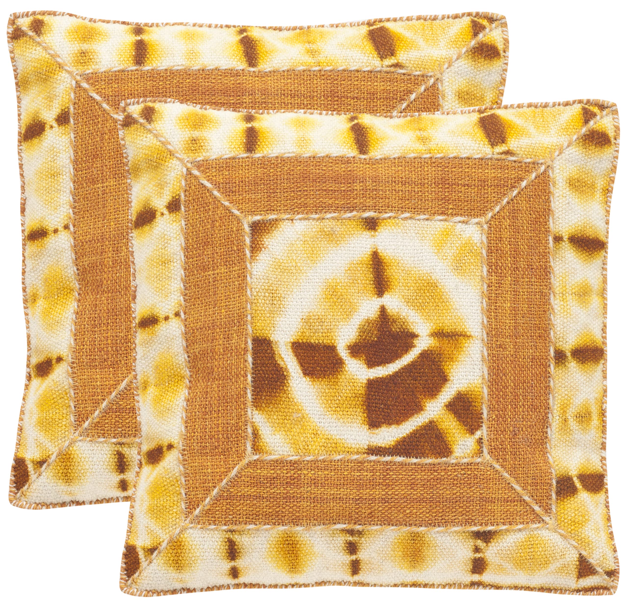 SAFAVIEH Dip-Dye Patch Turmeric Throw Pillows Set of 2 - 24 Inch Square Decorative Cushion Covers for Sofa, Bed & Living Room - Boho Chic Home Decor Accent