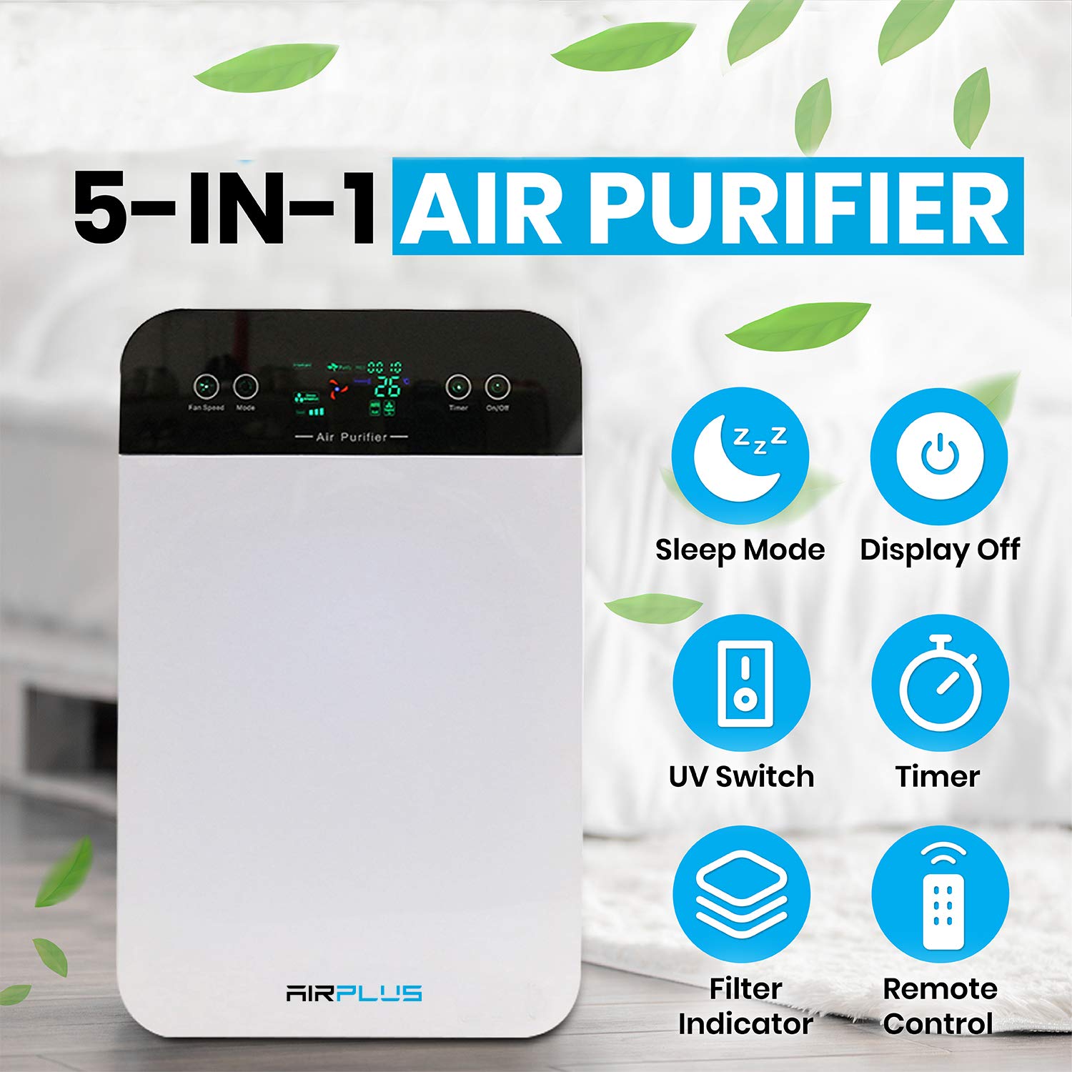 Bluonics Air Plus Room 5-in-1 True HEPA Air Purifier with UV Light - Removes Pollen, Wildfire Smoke, Dust, Odors & Mold - Smart Air Quality Monitor for Home, Office & Bedroom - Ideal for Allergy Relief & Clean Breathing