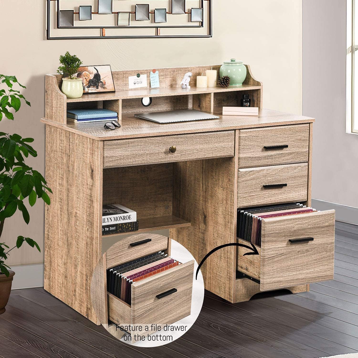 Modern Farmhouse Computer Desk with 4 Drawers & Hutch - Small Office Desk with File Storage, Wooden Writing Table for Home Office, Study & Bedroom - Perfect for Remote Work, Online Learning & Small Space Organization (Grey)