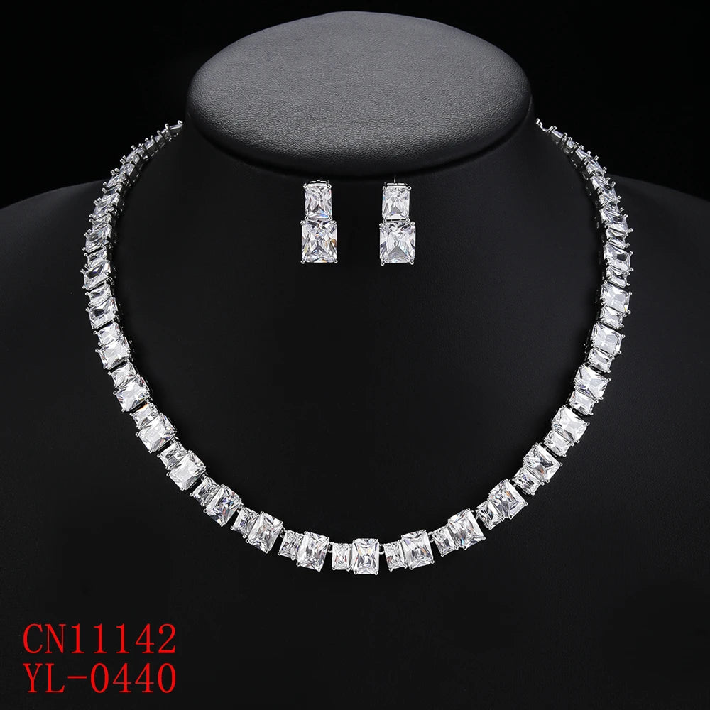 Luxury Square Cubic Zirconia Necklace and Earrings Set for Women - Elegant Wedding Bridal Jewelry Accessories - Perfect for Bridal Showers, Anniversaries & Formal Events