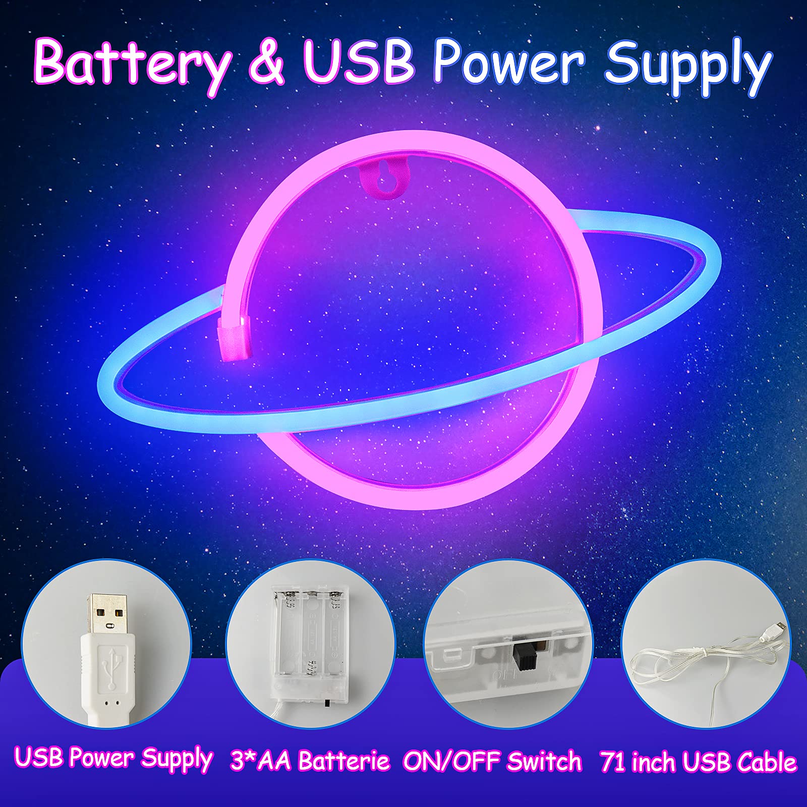 Cisteen Planet Neon Signs - Battery/USB Powered LED Neon Light Wall Decor for Home, Bedroom, Game Room, Bar & Party | Perfect Gift for Kids & Teens (Blue & Pink) - Create Vibrant Atmosphere for Birthday Parties, Gaming Setups & Room Decor