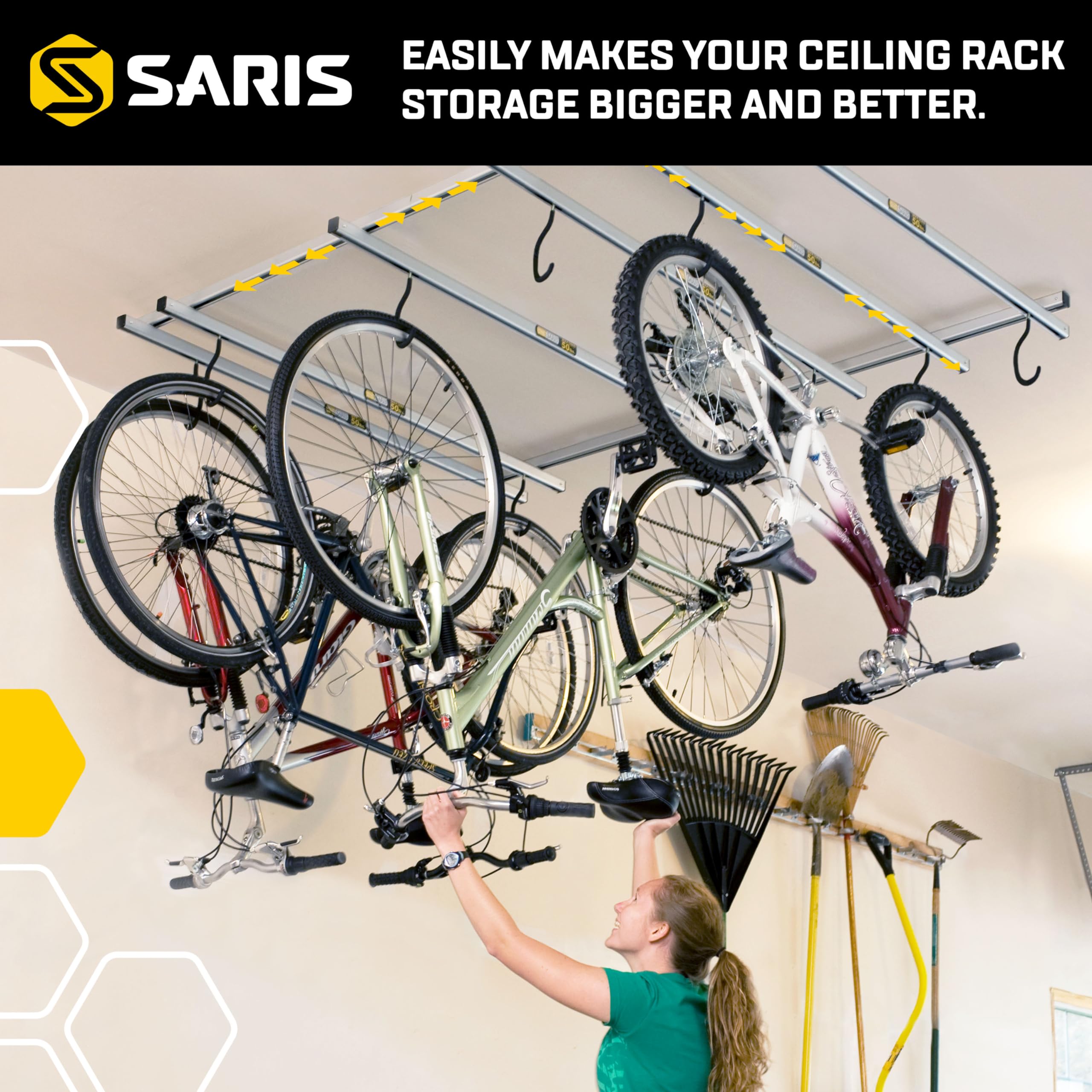 Saris Bike Storage Rack - Heavy Duty Ceiling Mount Bicycle Hanger with Cycle Glide System | Perfect for Garage, Basement & Home Organization | Includes Add-on Kit for Multiple Bikes