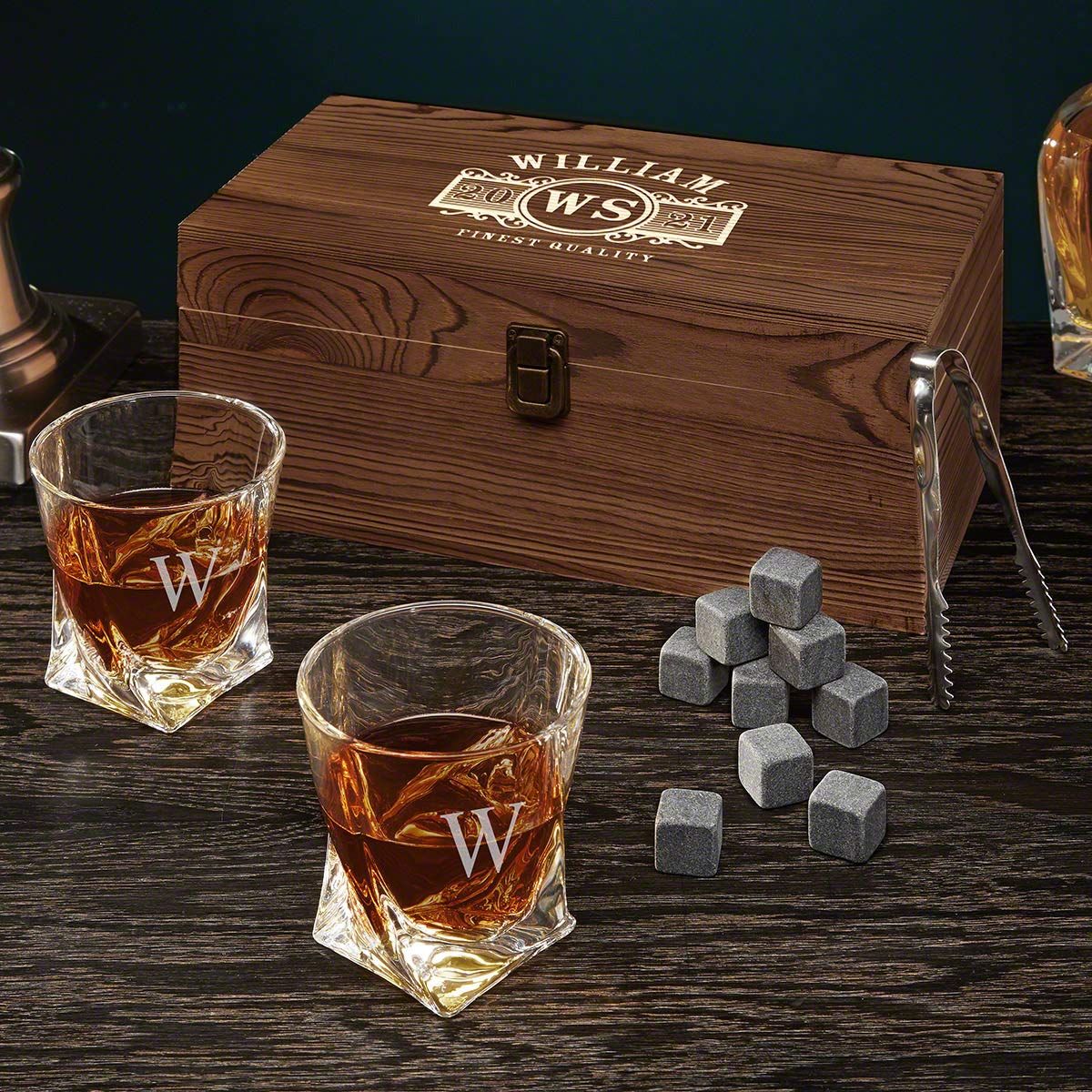 Custom Engraved Gift Box for Men with Whiskey Glasses - Personalized Present for Birthday, Anniversary & Father's Day - Perfect for Home Bar, Office & Special Occasions