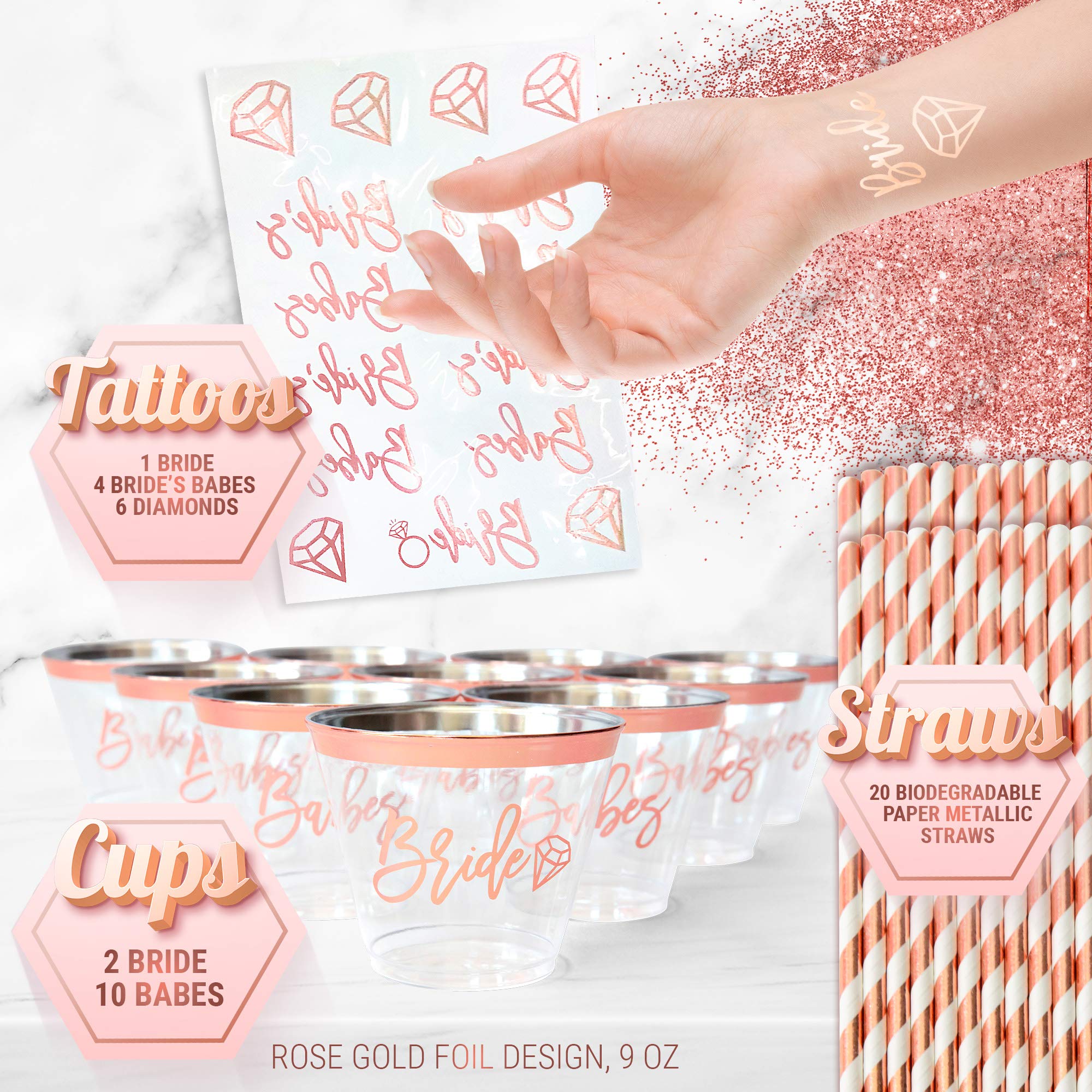 66-Piece Rose Gold Bachelorette Party Decorations Kit - Bridal Shower Decor Set with Bride Sash, Cups, Veil & Balloons - Premium Wedding Party Supplies for Bachelorette, Bridal Showers & Girls' Night Out