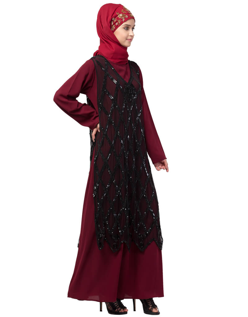 Elegant Black Arabic Two-Piece Diamond Cut Beaded Abaya for Women - Perfect for Parties, Weddings & Special Occasions