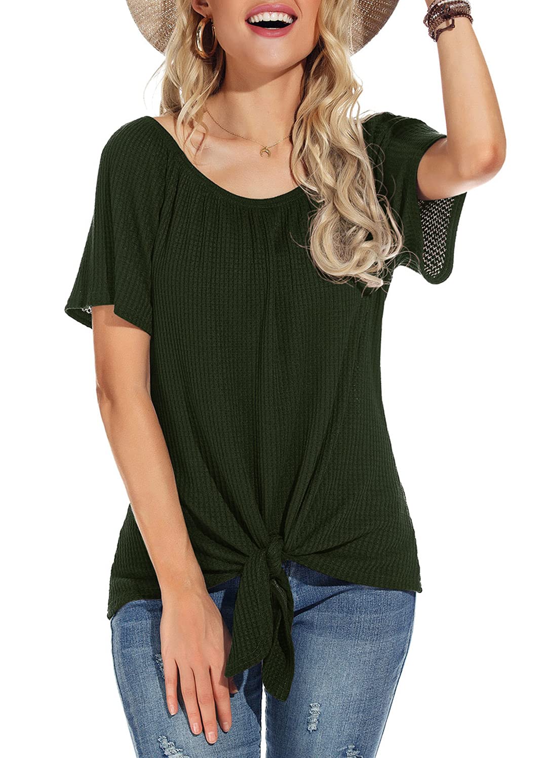 Women's Waffle Knit Off-Shoulder Top - Casual Short Sleeve Blouse with Tie Knot Detail | Summer Loose T-Shirt for Beach, Vacation & Date Night Outfits