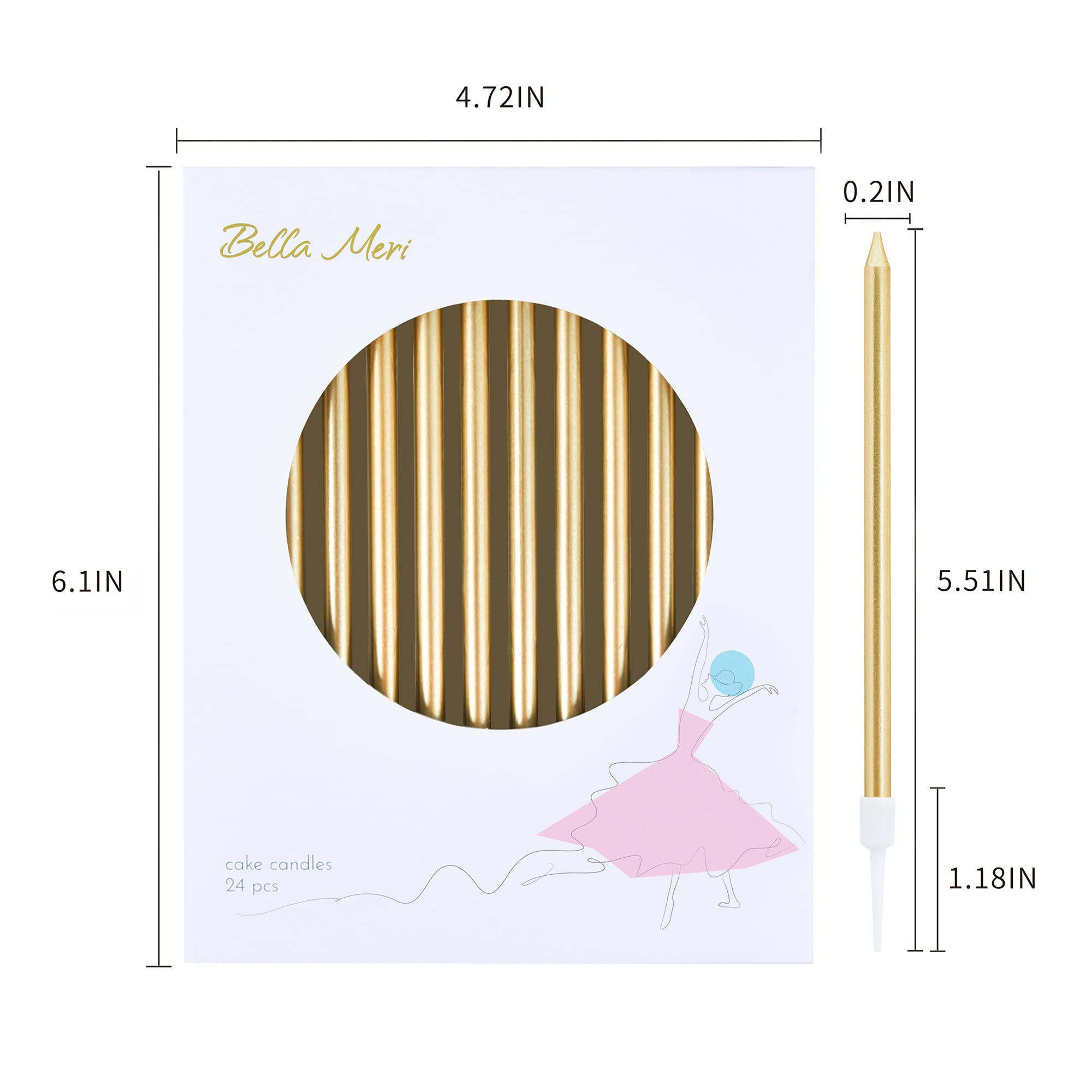 Bella Meri Champagne Gold Long Thin Metallic Birthday Candles - Elegant Cake Candles for Birthday Parties, Wedding Decorations & Special Celebrations | Perfect for Cakes, Cupcakes & Dessert Tables