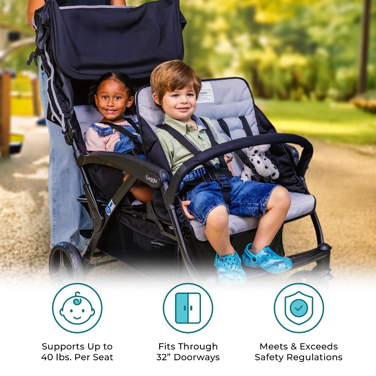 Gaggle Odyssey 4-Seat Quad Stroller - Lightweight & Durable Multi-Kids Stroller for Twins, Triplets or Siblings - Perfect for Shopping, Travel, Theme Parks & Outdoor Adventures
