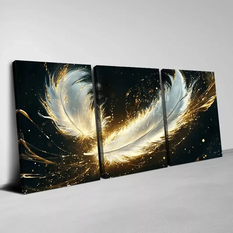 3-Piece Abstract Golden Feathers Wall Art Set - Framed Canvas Prints 50x70cm (20x28in) - High Quality Australian Made Home Decor - Perfect for Living Room, Bedroom & Office Decoration