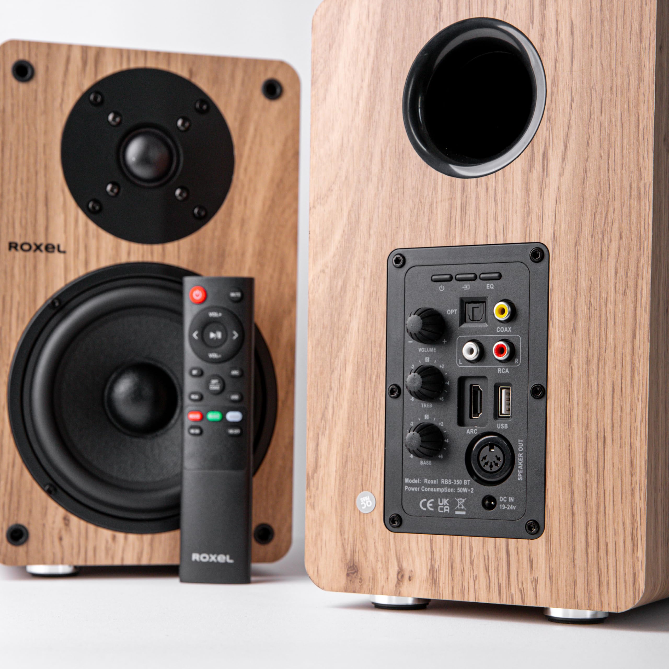 Roxel Onyx Active Bookshelf Speakers - 100W RMS Power, Bluetooth 5.0 Wireless Streaming, HDMI ARC, 3m Speaker Cable - Premium Sound for Home Theater, Music & Office Use (Oak Finish) - Perfect for Movie Nights, Gaming & Audiophile Listening