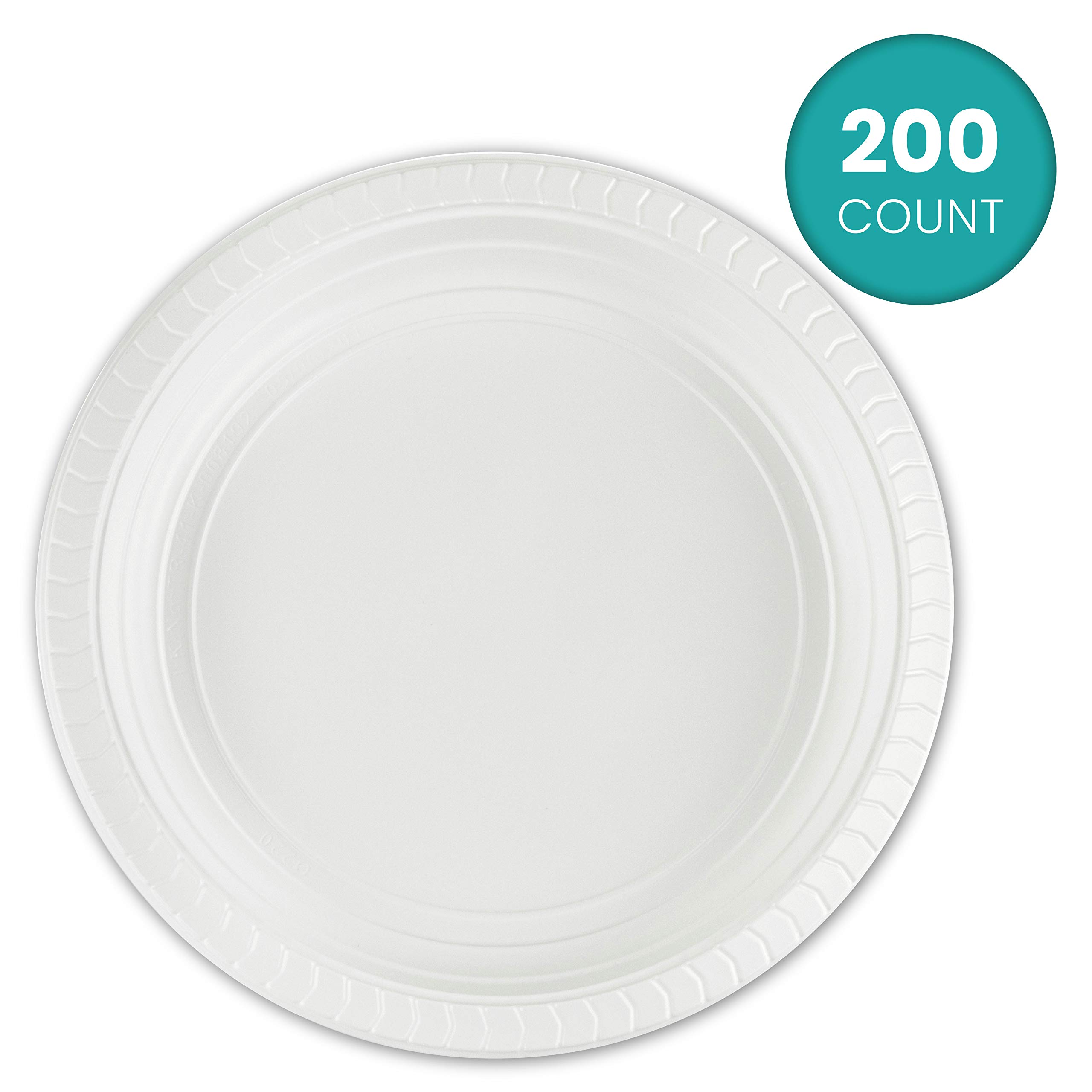 PLASTICPRO 7 Inch Round Plastic Plates - 200 Pack Disposable Microwave Safe Dinner Plates for Parties, Picnics & BBQs - White Durable Dishware for Home, Office & Outdoor Use