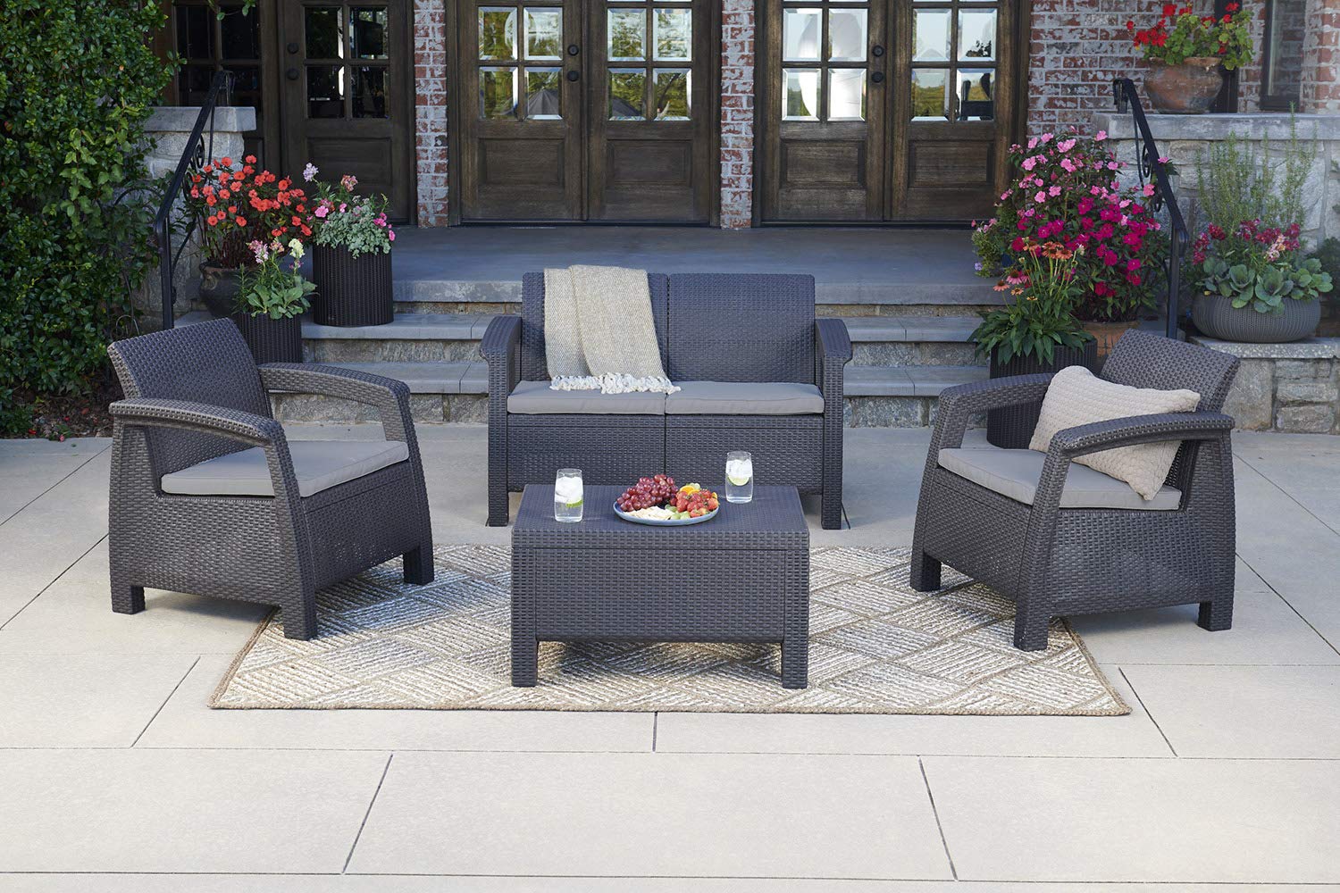 Keter Corfu Resin Wicker Loveseat with Outdoor Cushions - Durable Patio Furniture Set for Front Porch, Deck, Poolside & Garden - Weather-Resistant Grey Seating for Outdoor Relaxation & Entertaining