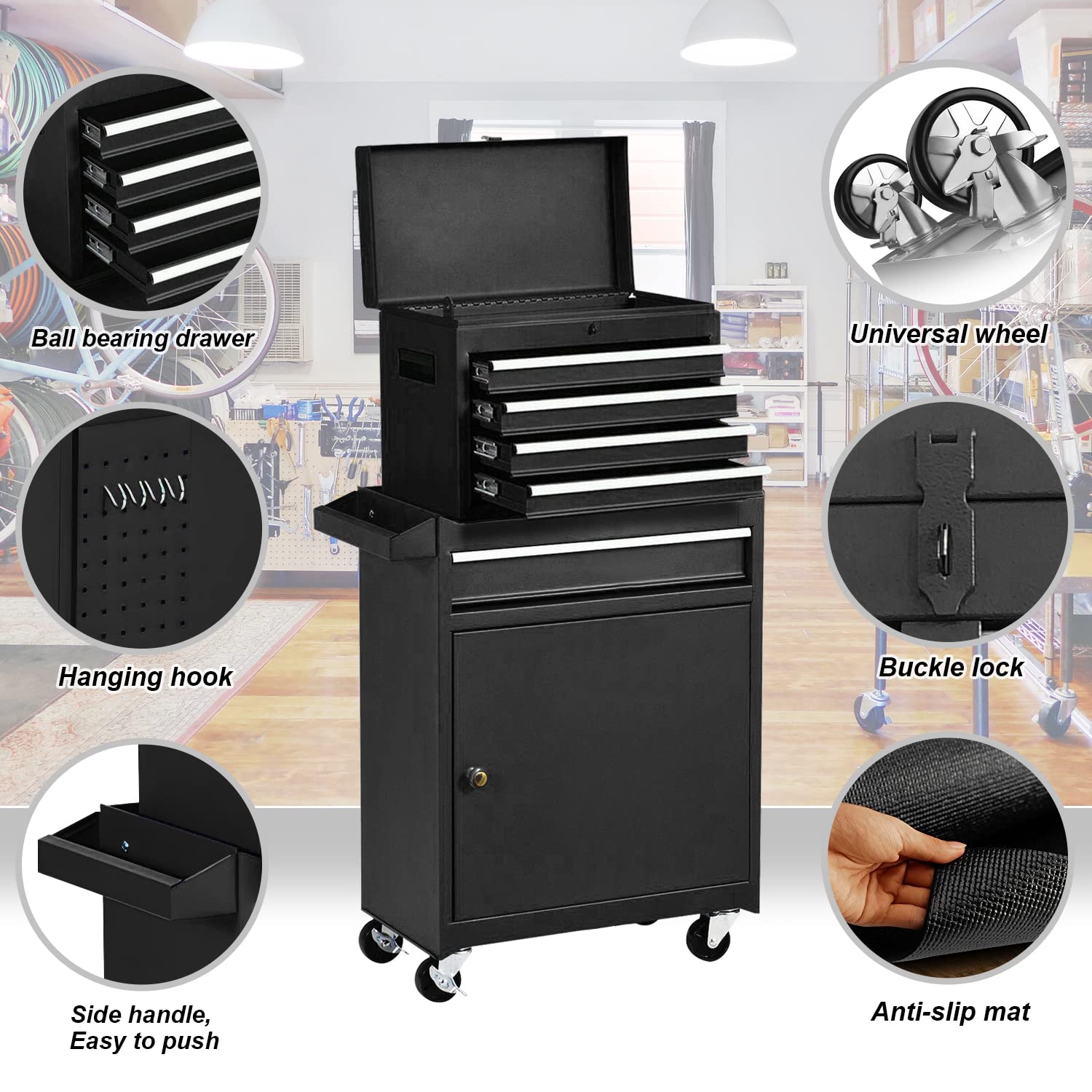 5-Drawer Rolling Tool Chest with Lockable Drawers & 4 Wheels - High Capacity Tool Storage Cabinet for Garage, Warehouse & Workshop Organization (Black) - Perfect for Professional Mechanics & DIY Home Improvement Projects