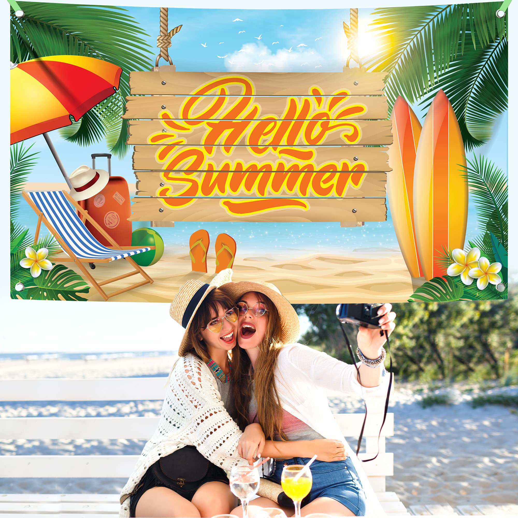 KatchOn Large 72x44 Inch Hello Summer Backdrop - Premium Summer Party Banner for Beach, Surfboard & End of School Decorations | Perfect for Pool Parties, Graduation Celebrations & Tropical Themed Events