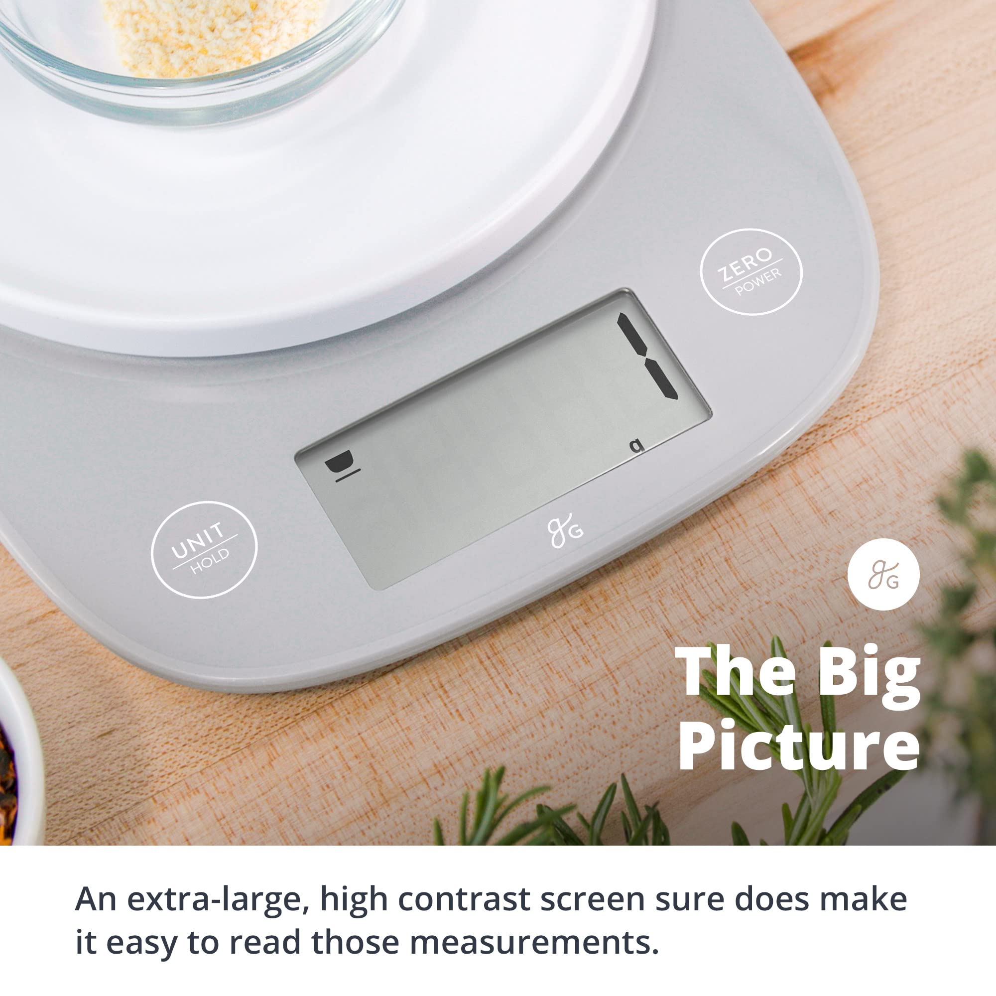 Greater Goods Digital Kitchen Scale with LCD Display - Accurate Weighing in Grams & Ounces, 11 lbs Capacity, Battery Included, Compact & Stylish Grey Design - Perfect for Baking, Cooking, and Meal Prep