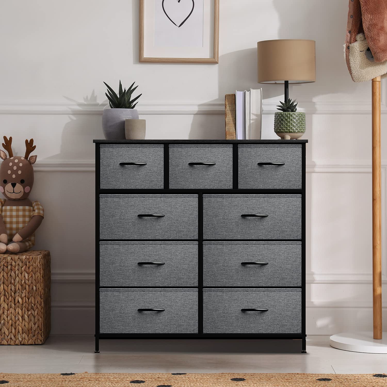 Sorbus 9-Drawer Dresser Storage Organizer - Black Steel Frame & Wood Top Chest Tower with Easy Pull Fabric Bins for Bedroom, Hallway, Closet & Office | Space-Saving Furniture for Small Apartments & Dorm Rooms