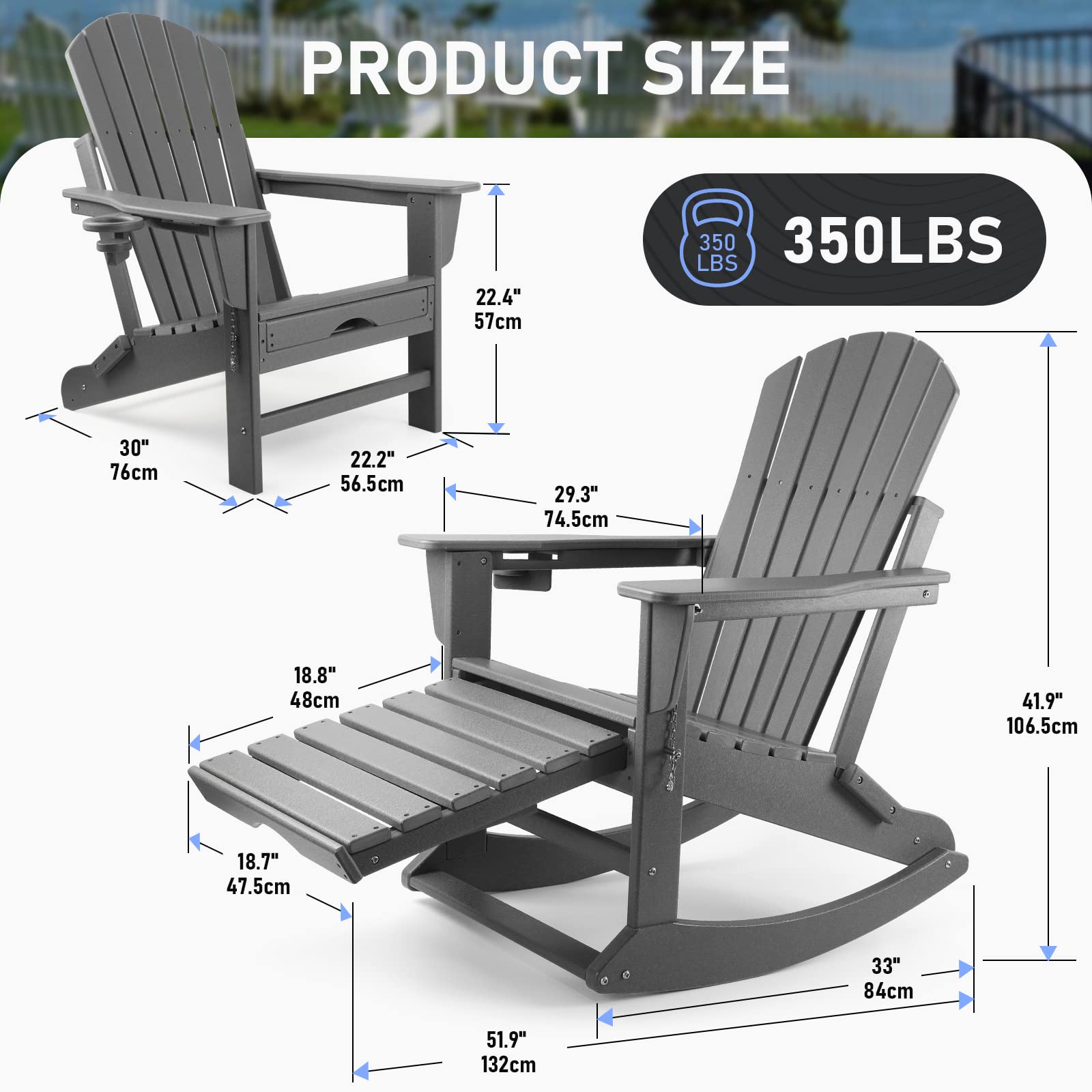 4-in-1 Folding Adirondack Chair with Ottoman & Cup Holder - 350 LBS Weight Capacity, Weather-Resistant Plastic Outdoor Rocking Chair for Adults - Perfect for Patio, Garden, Poolside & Fire Pit Relaxation