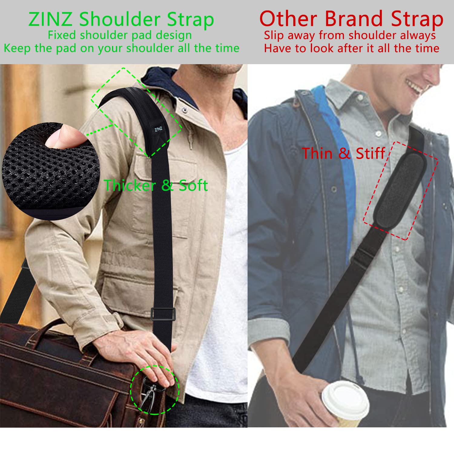 ZINZ 79-inch Universal Replacement Shoulder Strap - Extra Thick Padded Shoulder Cushion with Dual Metal Swivel Hooks & Secure Clasps - Compatible with Laptop Bags, Luggage, Camera Cases & Crossbody Bags (200cm, Black) - Perfect for Travel, Commuting & Everyday Carry